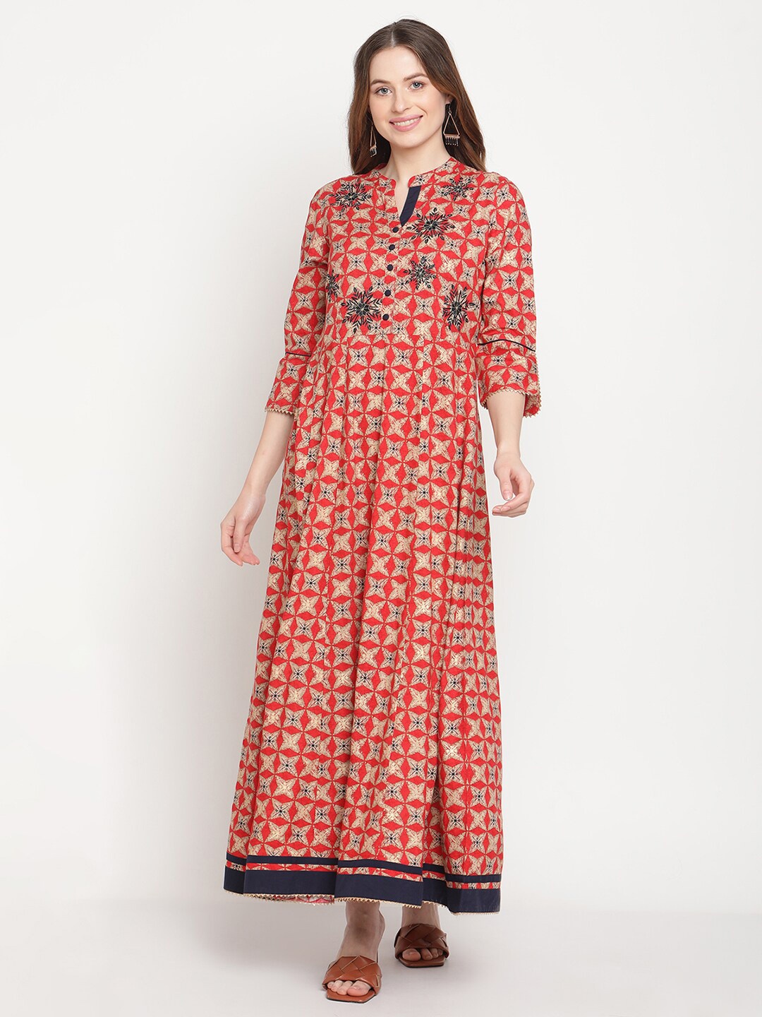 

Be Indi Rayon Printed with Contrast Embroidered Keyhole Neck Maxi Dress, Red