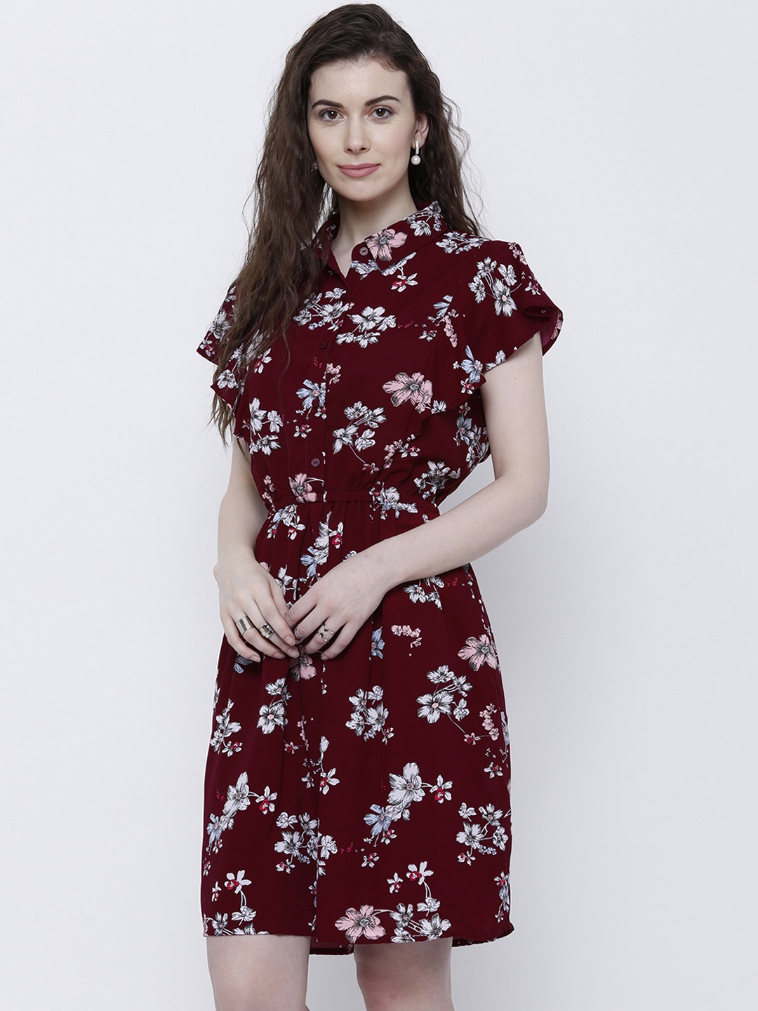 

Tokyo Talkies Women Burgundy Printed Shirt Dress