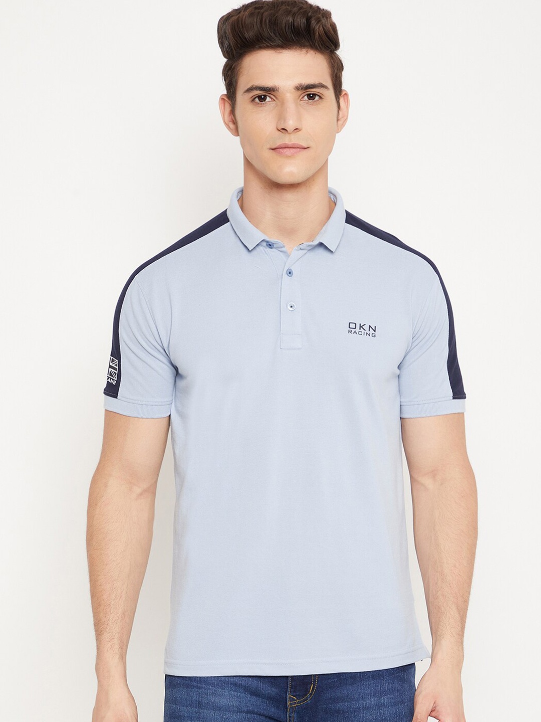 

Okane Men Blue Polo Collar T-shirt