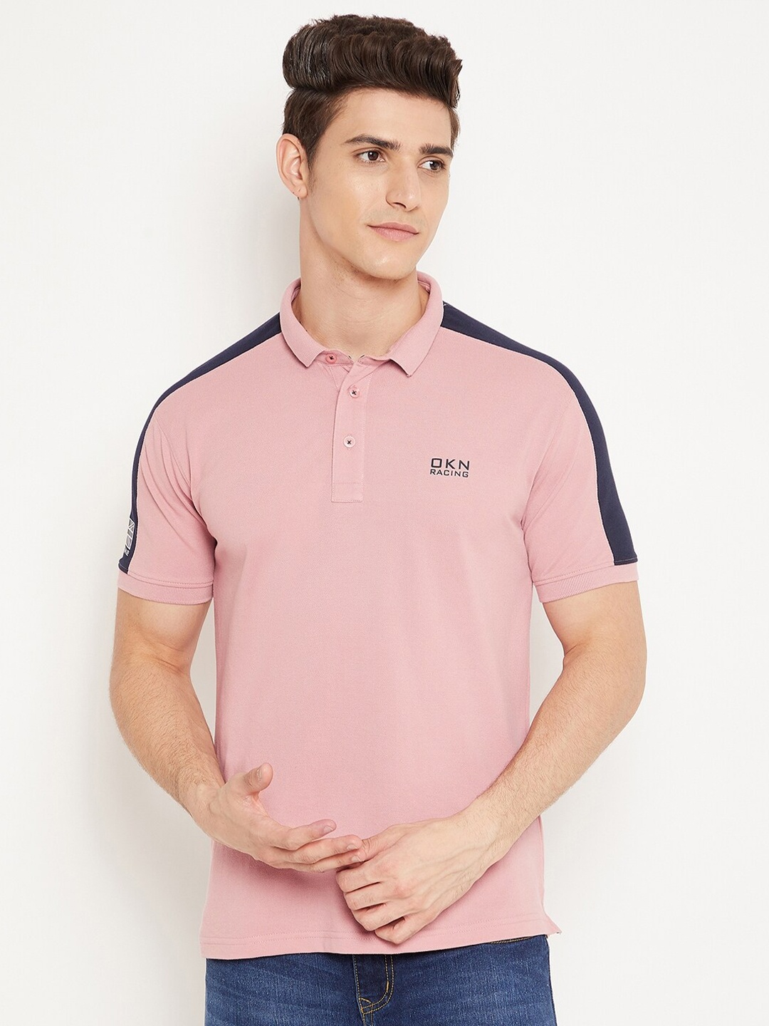

Okane Men Peach-Coloured Polo Collar T-shirt