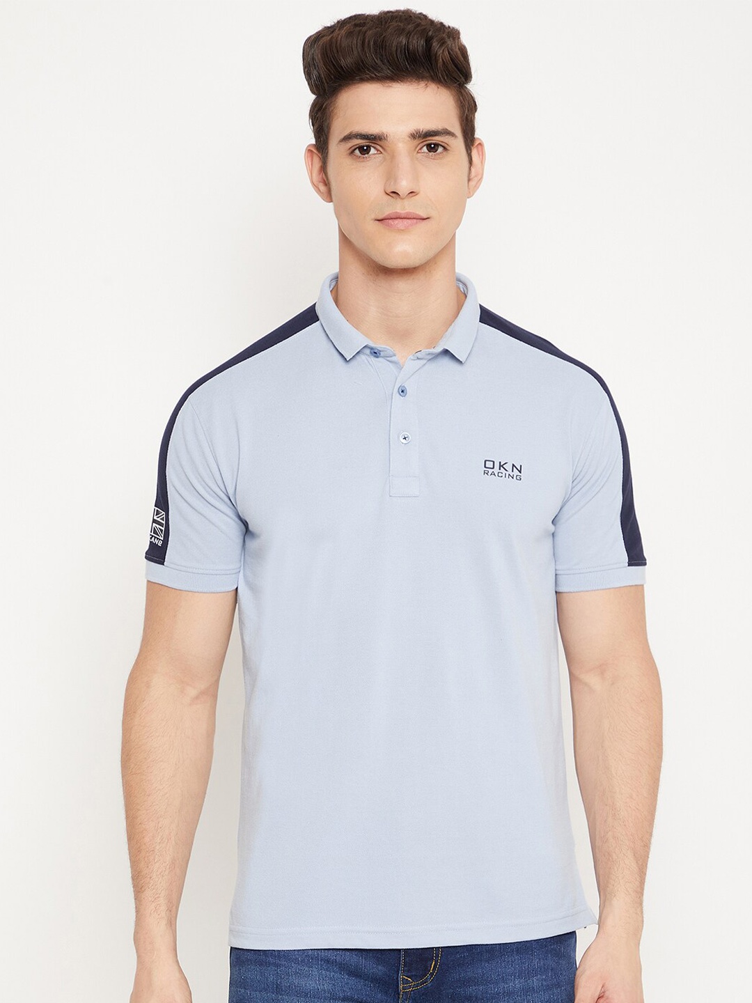 

Okane Men Blue Polo Collar Applique T-shirt