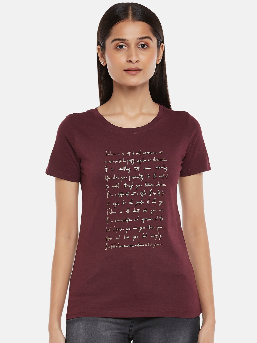 

Honey by Pantaloons Women Brown Typography Printed T-shirt