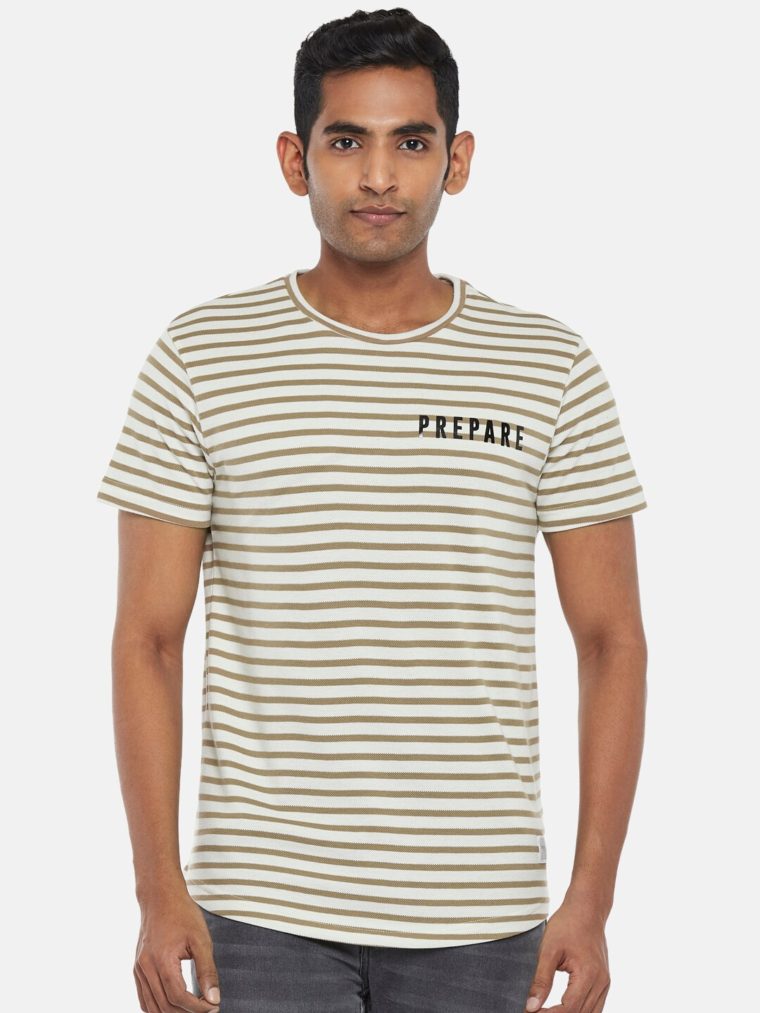 

People Men Off White & Brown Striped T-shirt