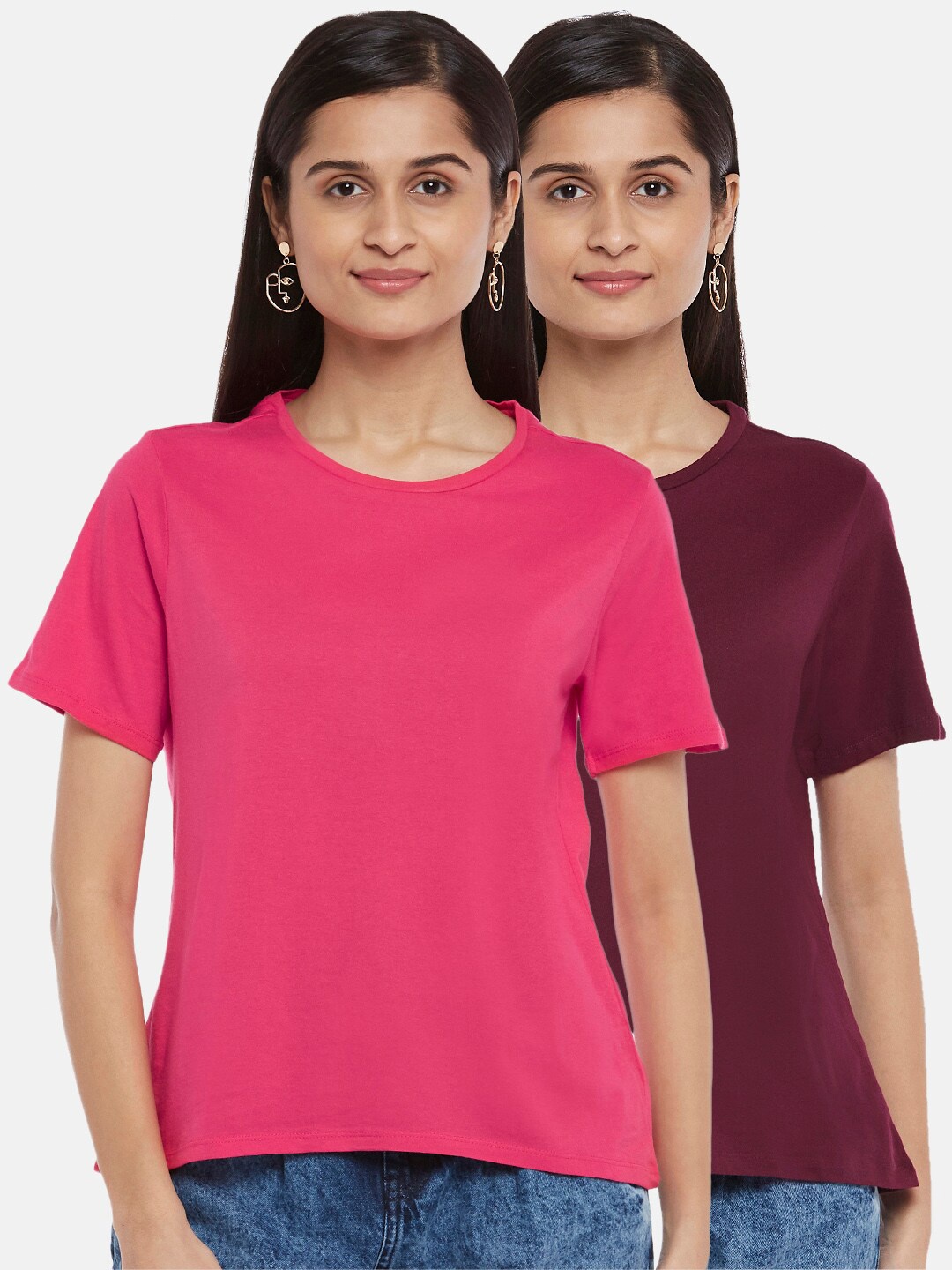 

People Women Pack Of 2 Pink & Maroon T-shirt