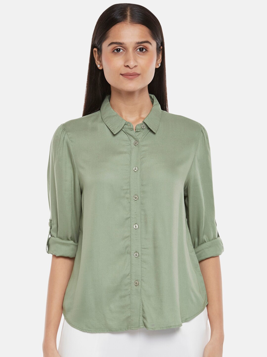 

Honey by Pantaloons Women Olive Green Shirt Collar Tunic