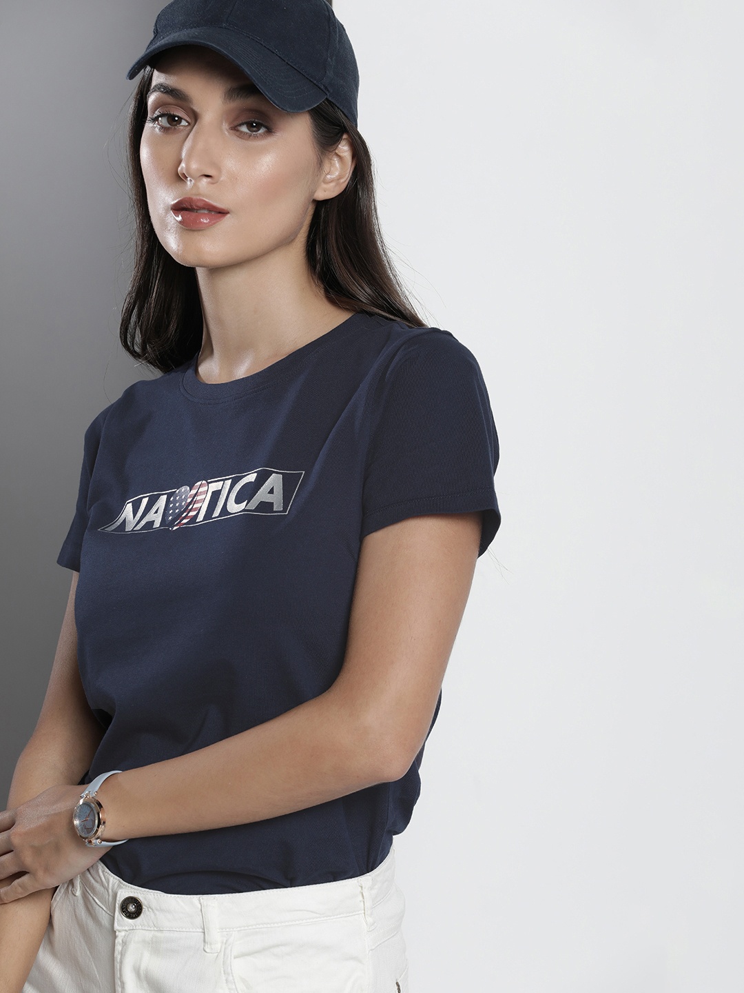 

Nautica Women Navy Blue Brand Logo Printed Pure Cotton T-shirt