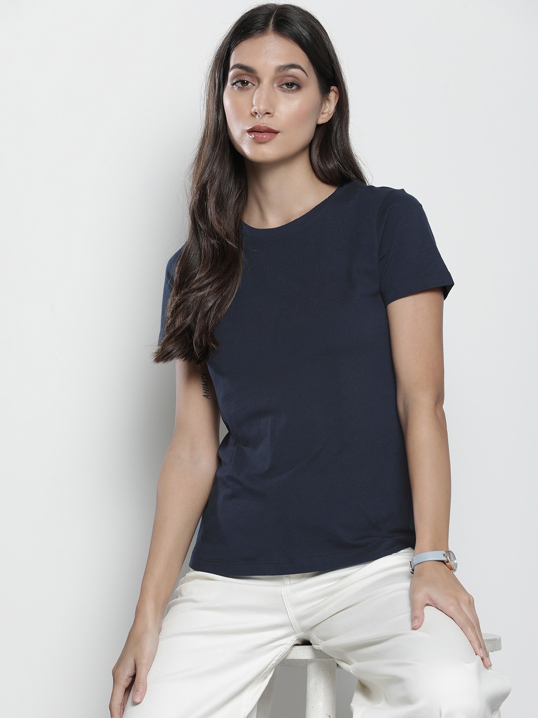 

Nautica Women Navy Blue Solid Pure Cotton T-shirt