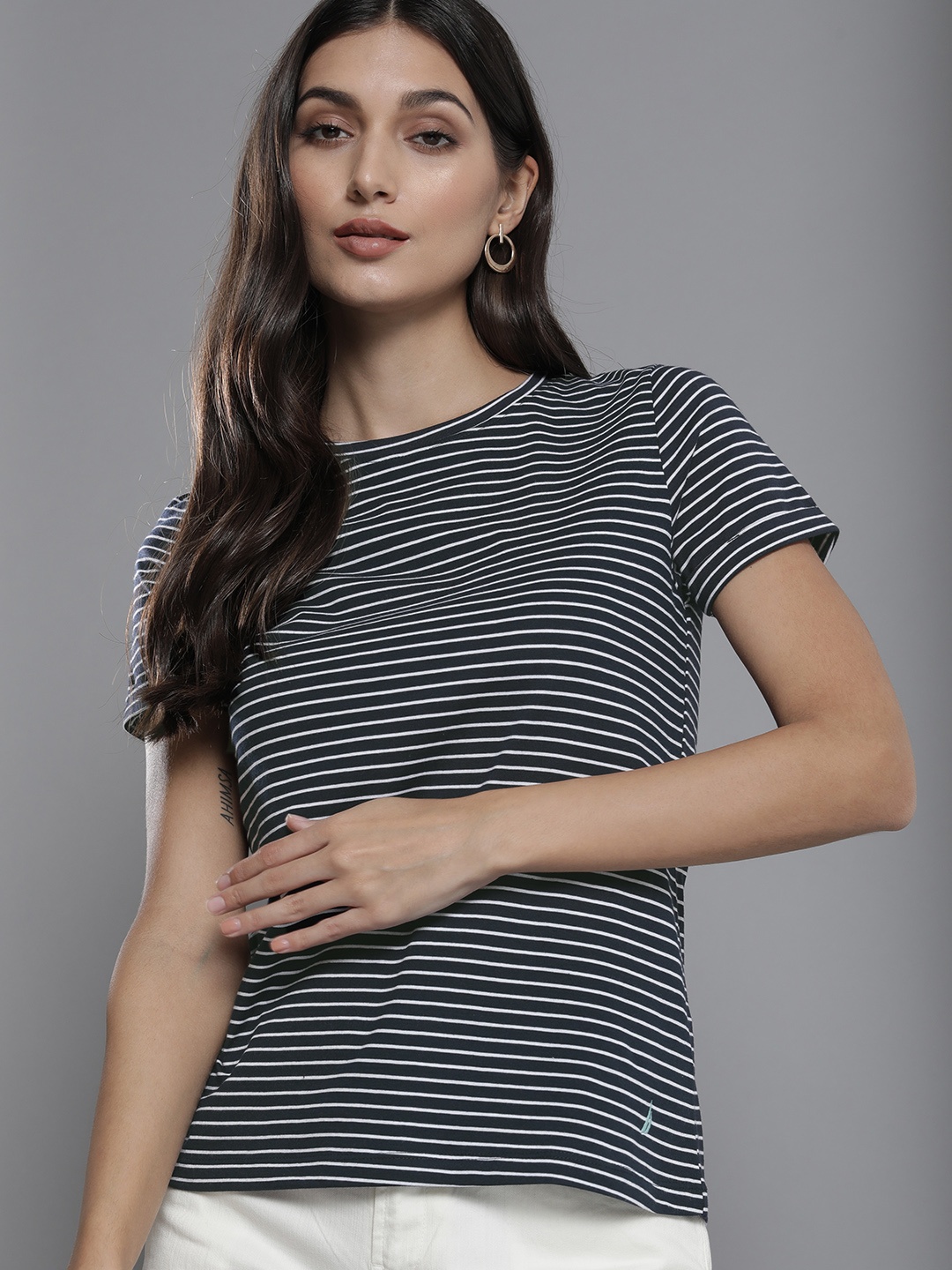 

Nautica Women Navy Blue & White Striped Pure Cotton T-shirt