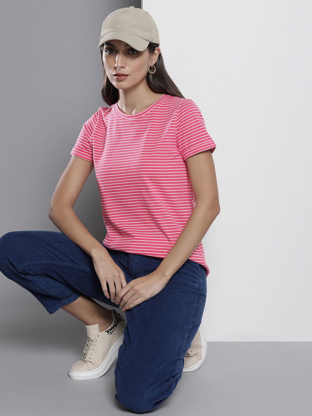 

Nautica Women Pink & White Striped Pure Cotton T-shirt