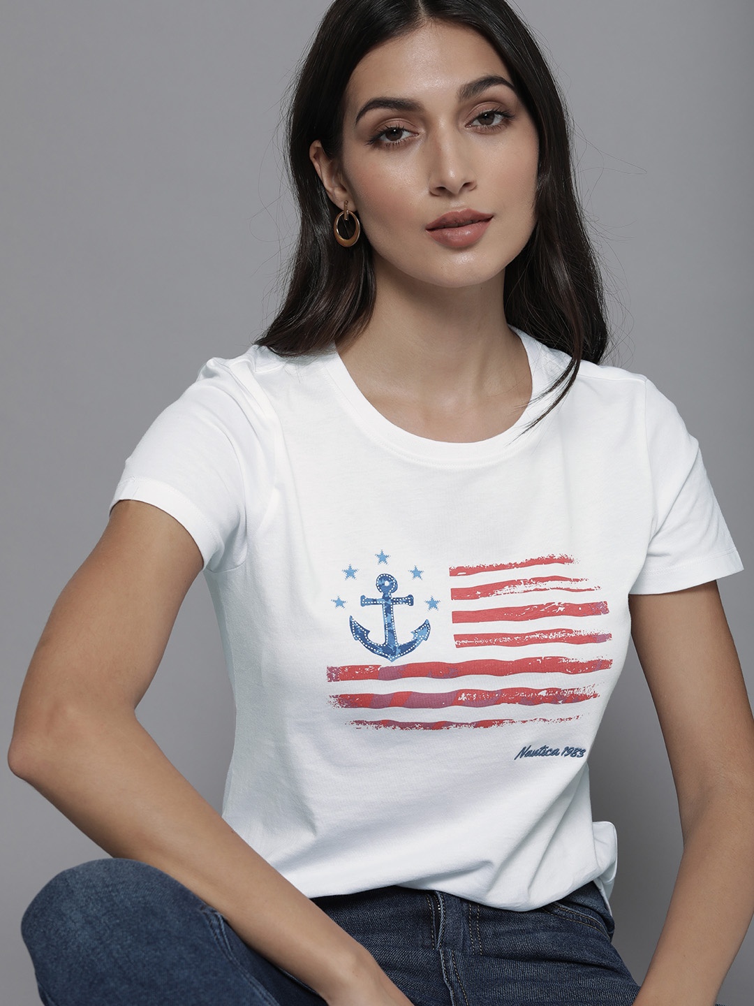 

Nautica Women White Striped with Anchor Print Pure Cotton T-shirt