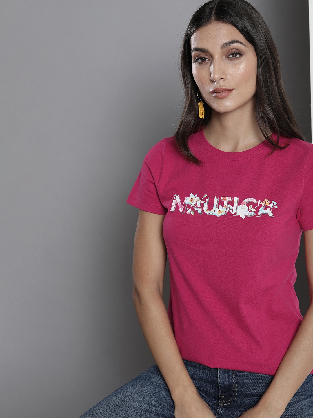

Nautica Women Maroon Brand Logo Printed Pure Cotton T-shirt