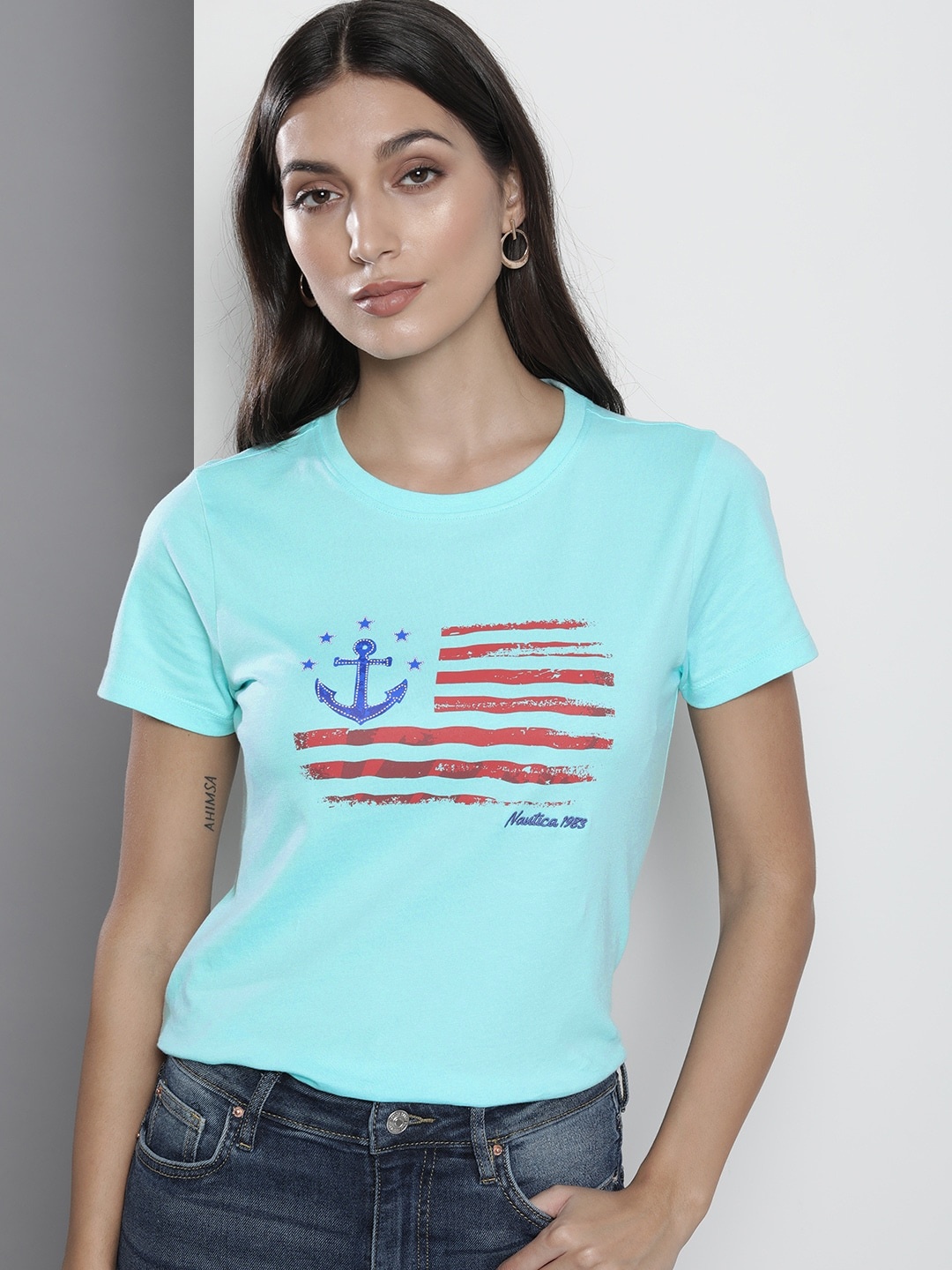 

Nautica Women Blue Striped with Anchor Print Pure Cotton T-shirt