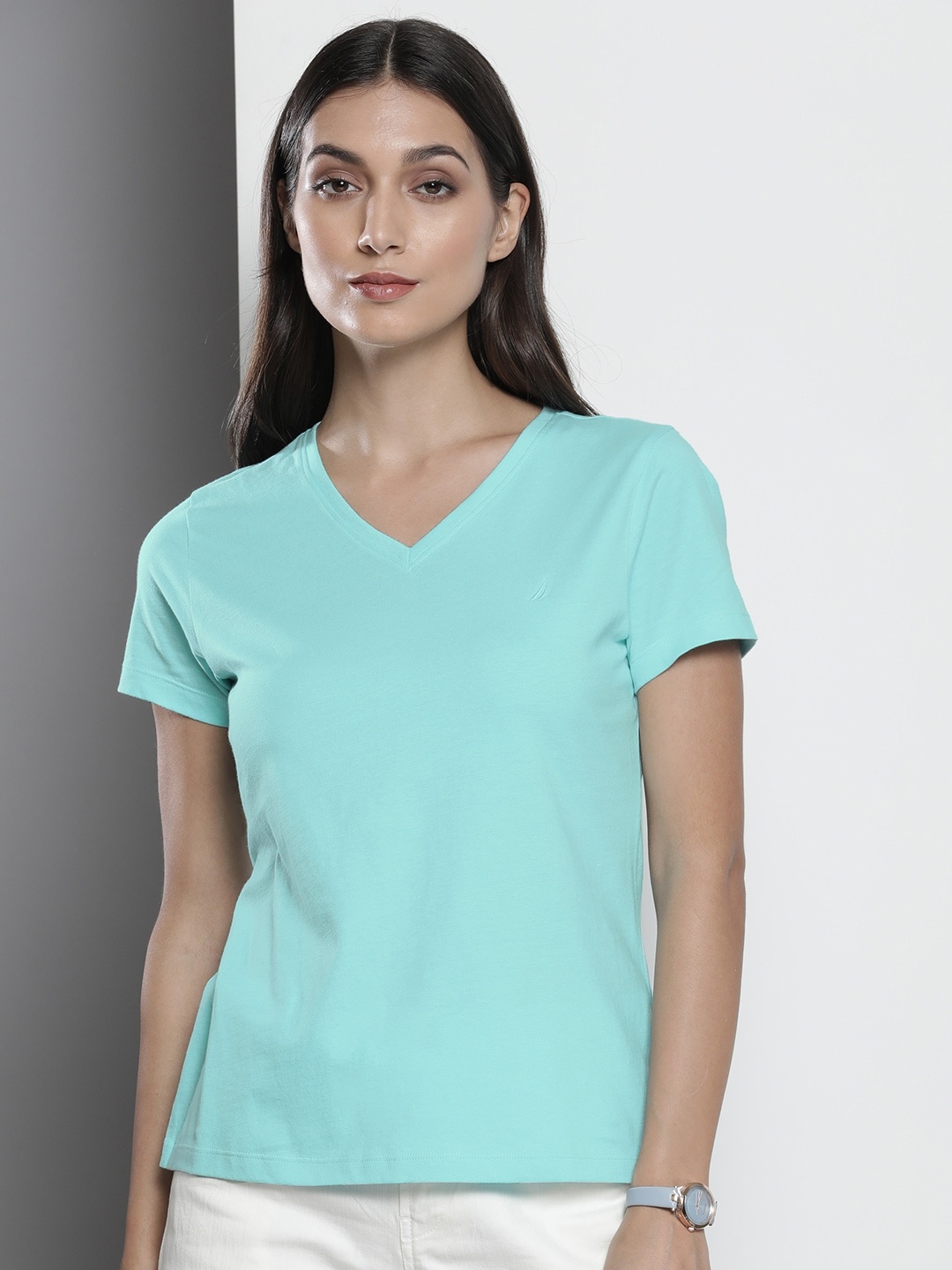 

Nautica Women Blue Solid V-Neck Pure Cotton T-shirt