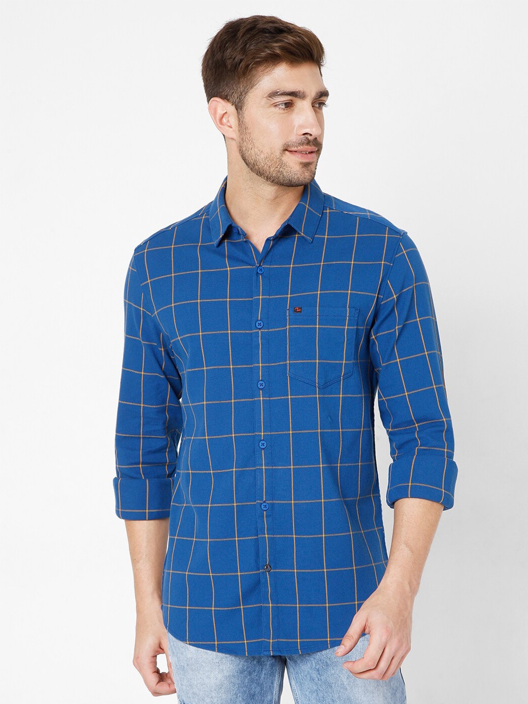 

SPYKAR Men Blue Slim Fit Windowpane Checks Checked Casual Shirt