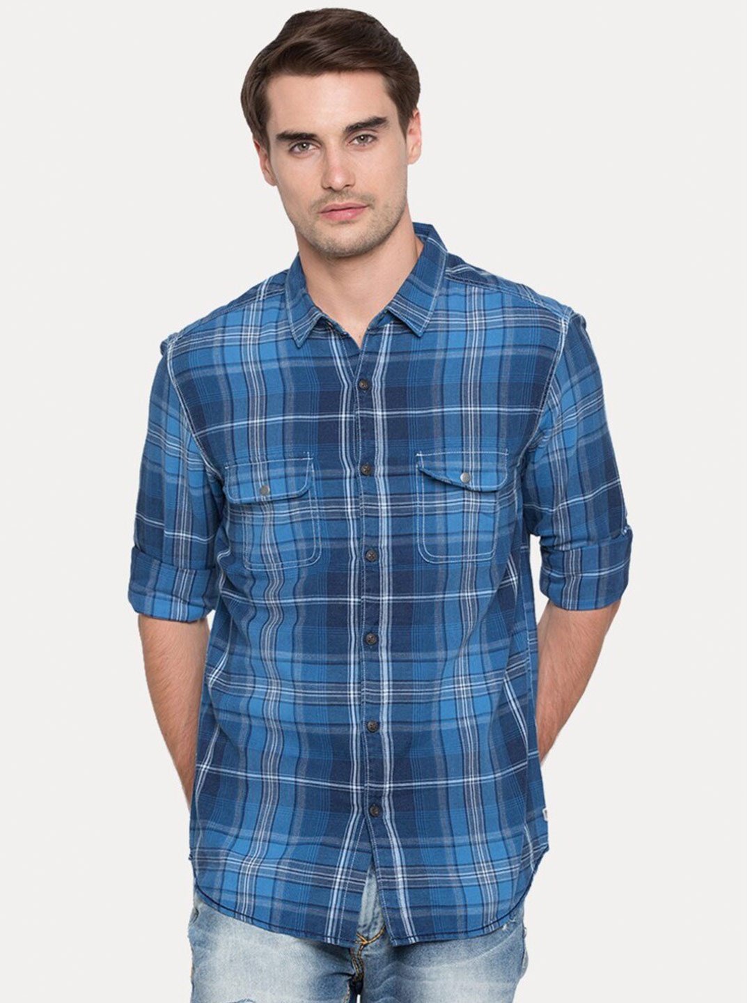 

SPYKAR Men Blue Slim Fit Tartan Checks Checked Casual Shirt