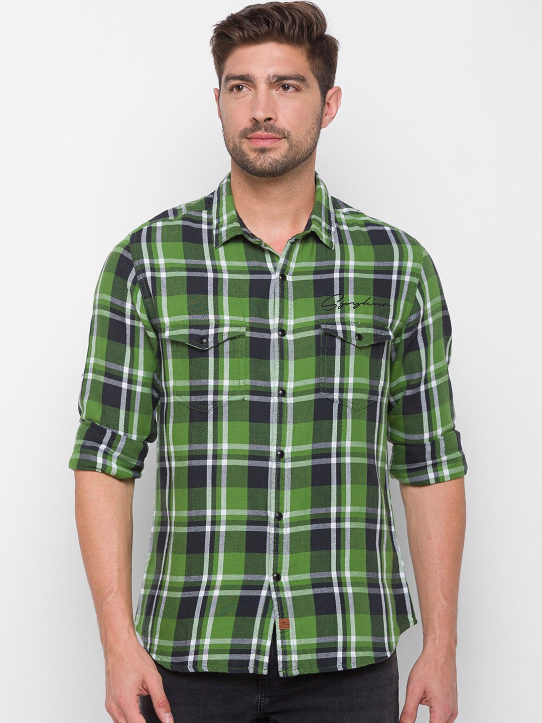 

SPYKAR Men Green Slim Fit Tartan Checked Cotton Casual Shirt