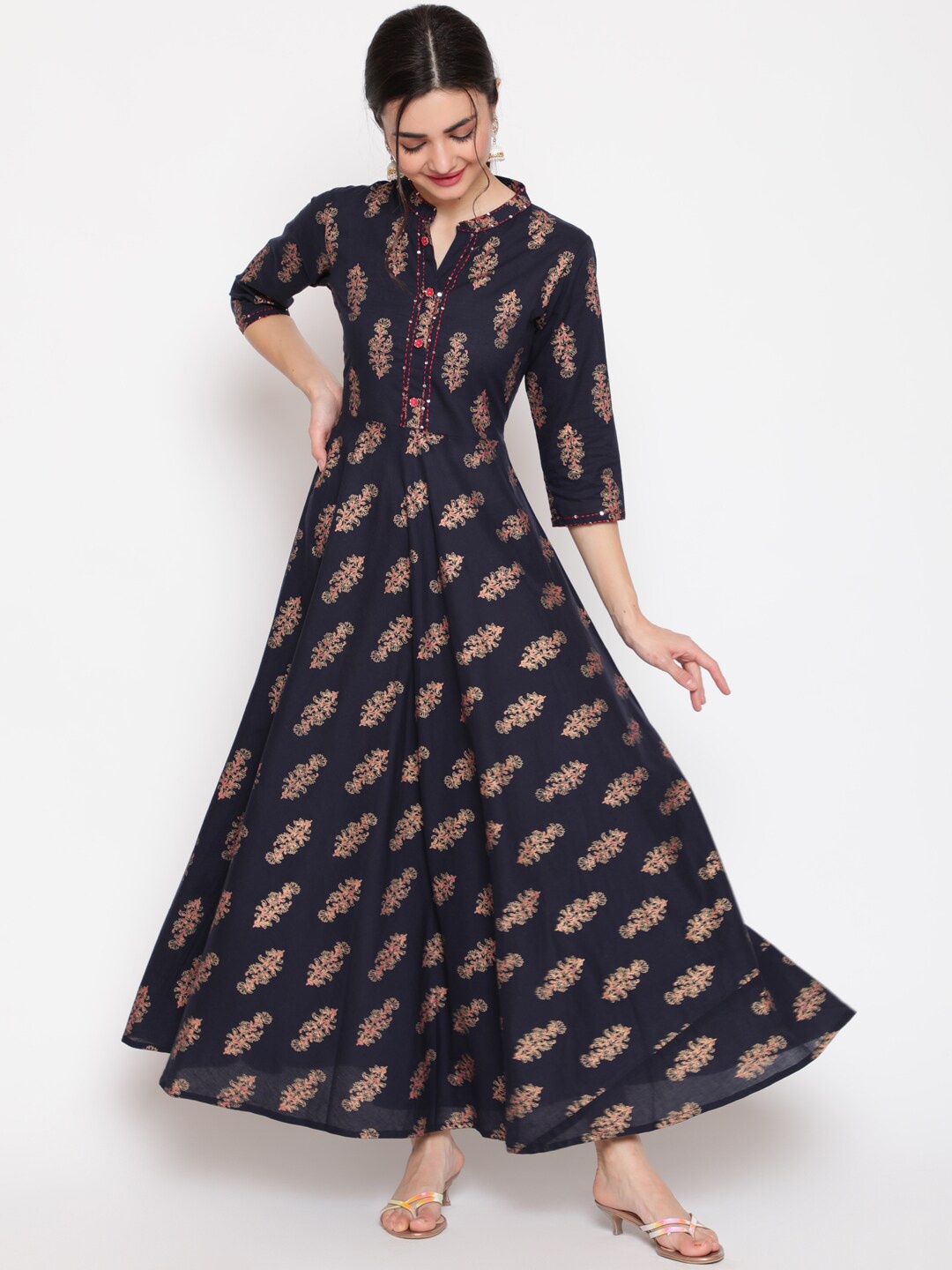 

WOMENCLICK Women Blue Cotton Printed Mandarin Collar Maxi Ethnic Dress