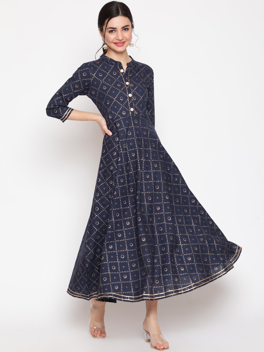 

WOMENCLICK Women Blue Geometric Printed Floral Anarkali Kurta