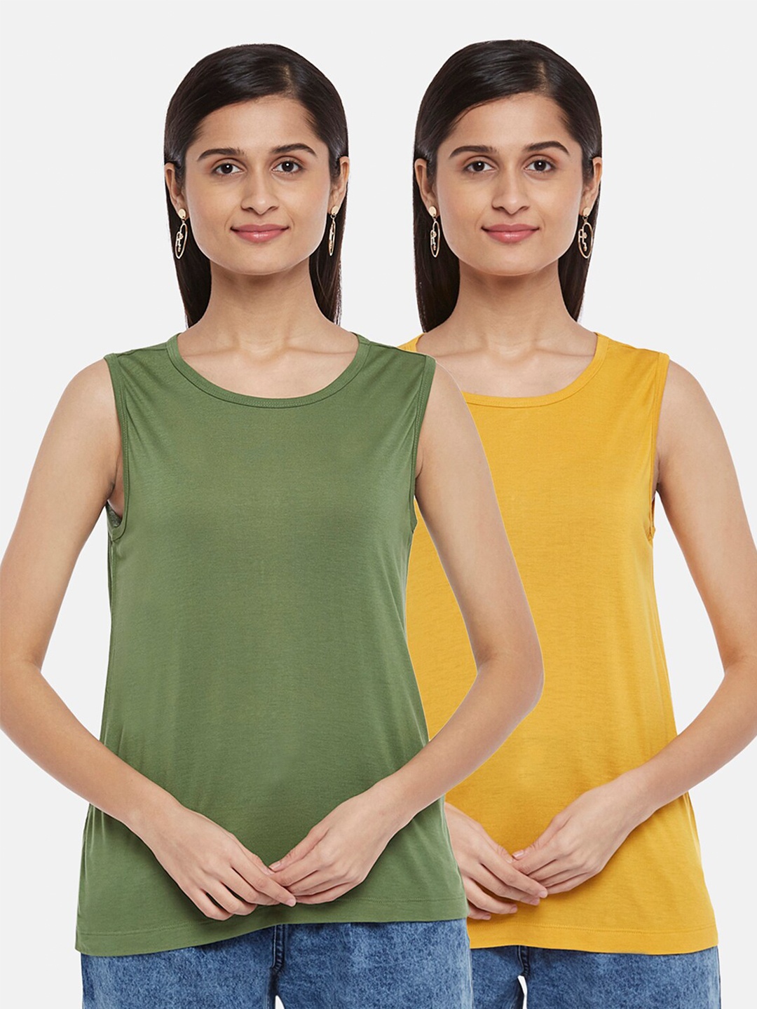 

People Women Olive Green & Yellow 2 T-shirt