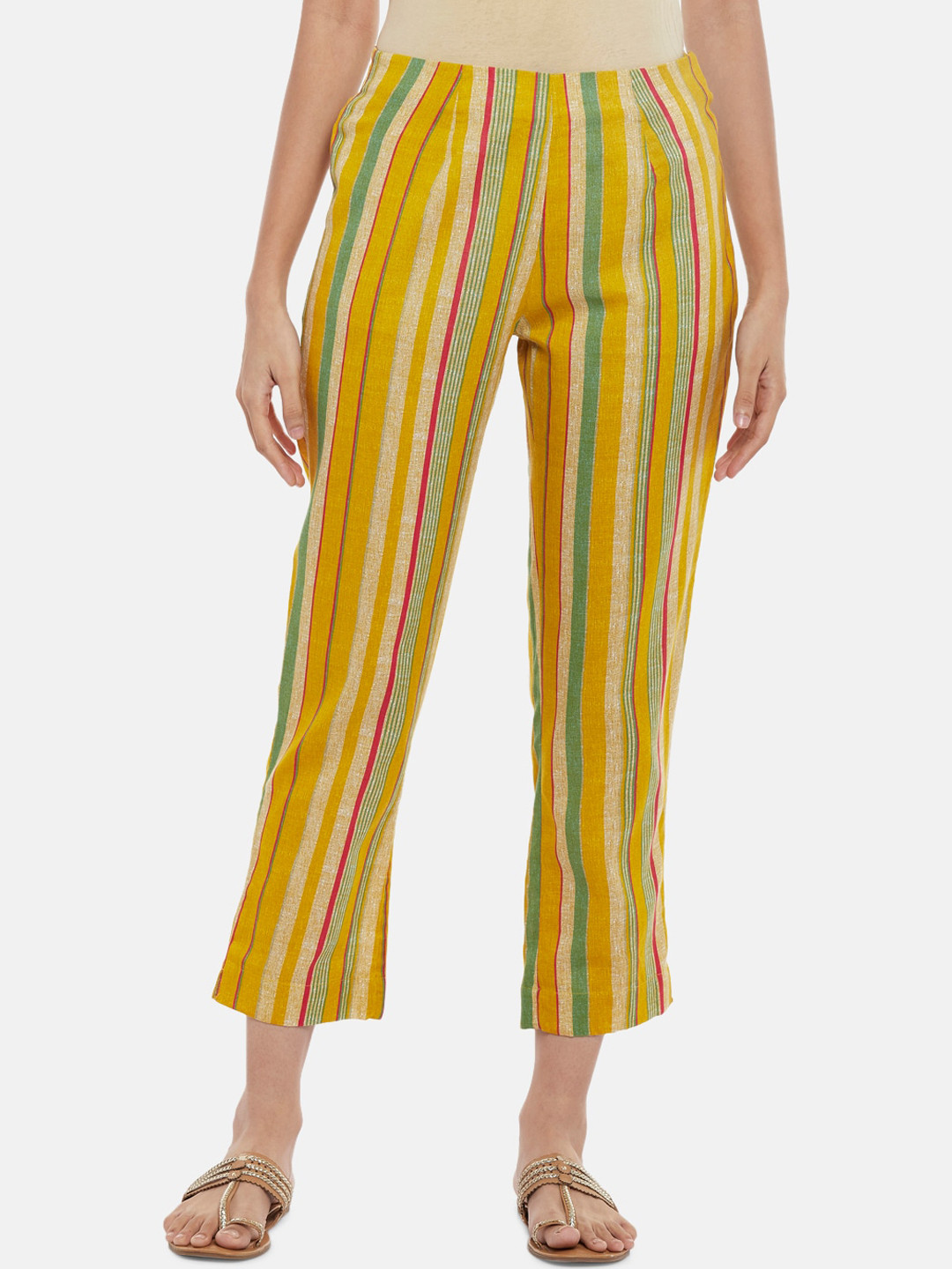 

RANGMANCH BY PANTALOONS Women Mustard Striped Cotton Cropped Trouser