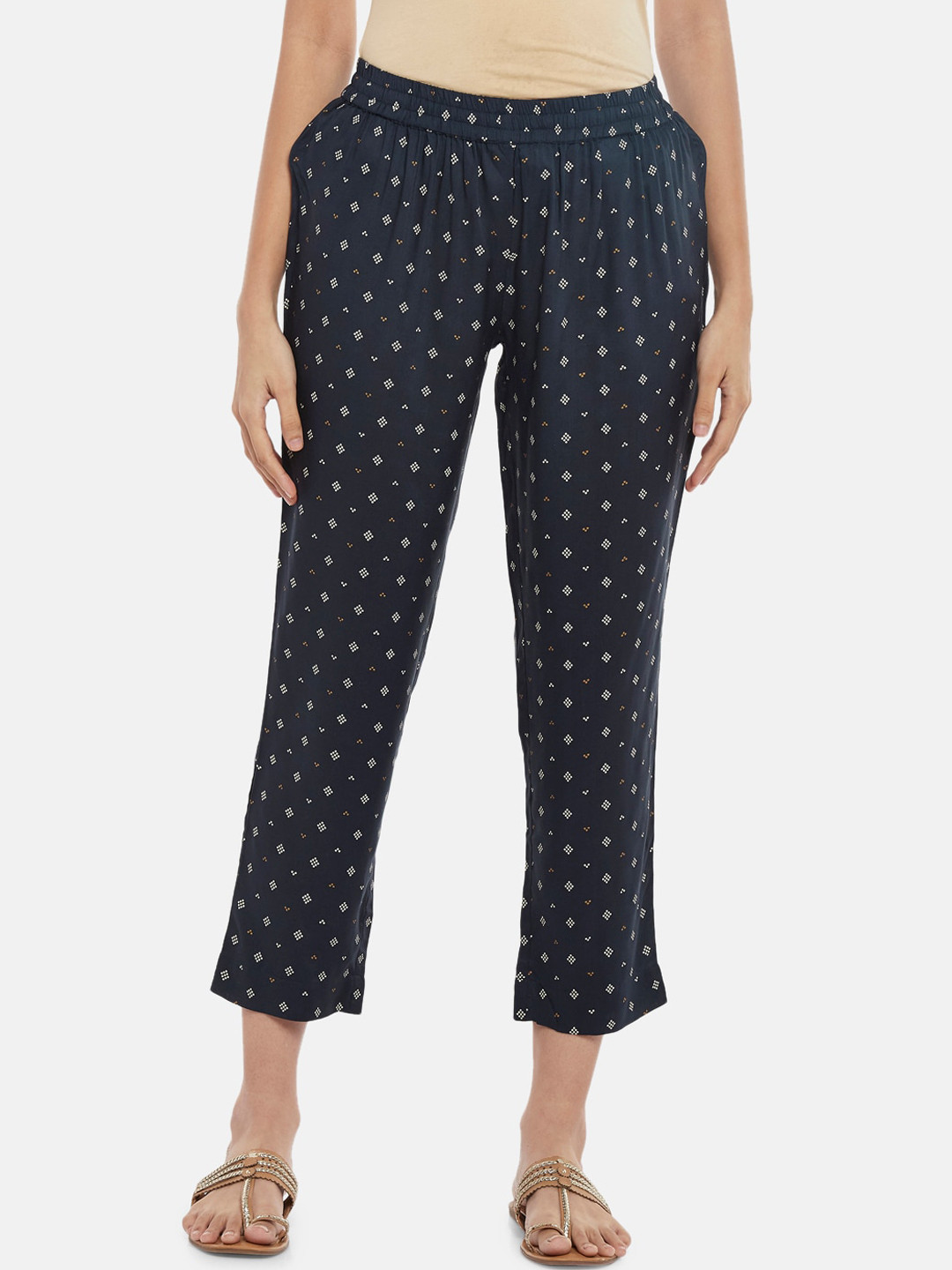 

RANGMANCH BY PANTALOONS Women Navy Blue Printed Regular Trouser
