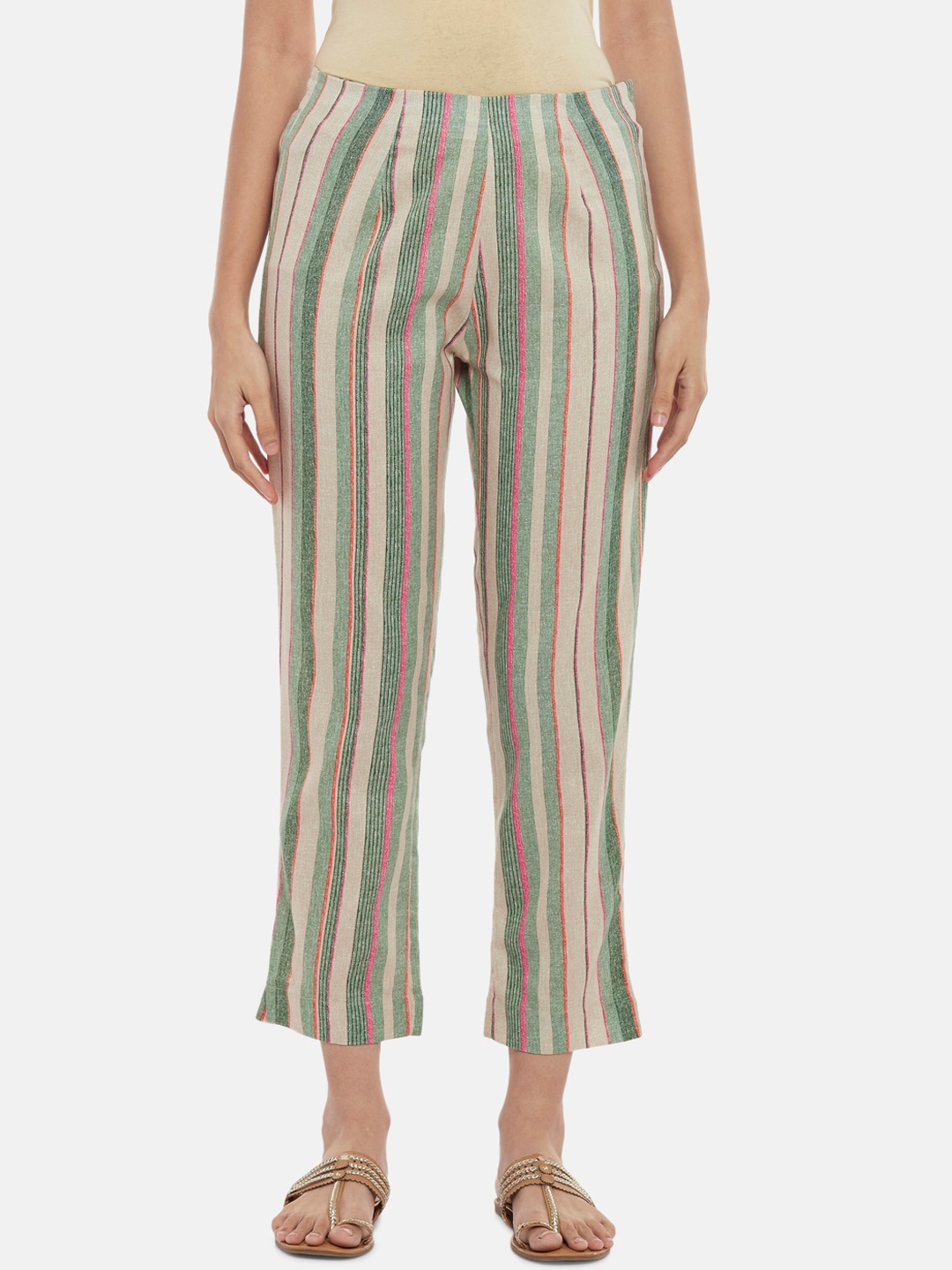 

RANGMANCH BY PANTALOONS Women Beige Striped Regular Trouser