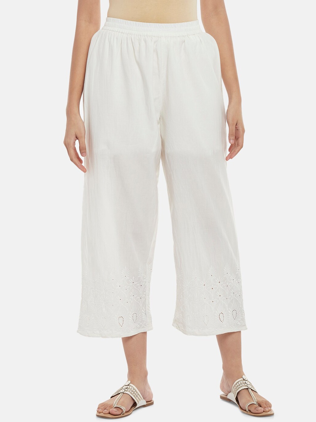 

RANGMANCH BY PANTALOONS Women Off White Embroidered Culottes Trouser