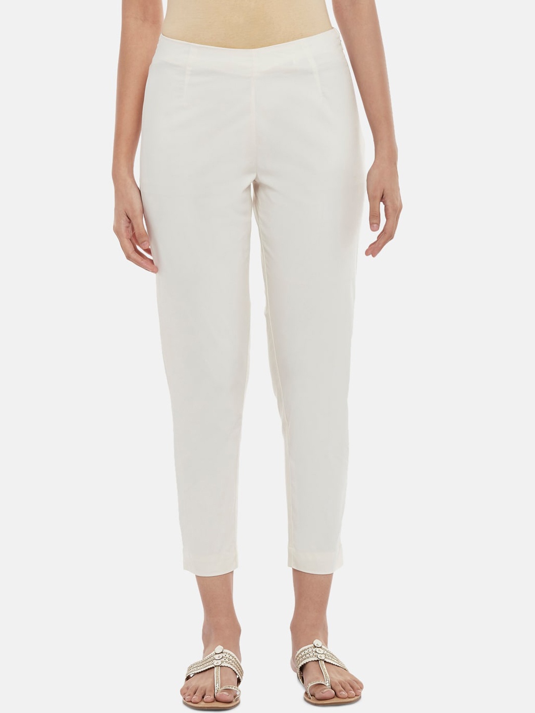 

RANGMANCH BY PANTALOONS Women Off White Solid Regular Fit Cigarette Trouser
