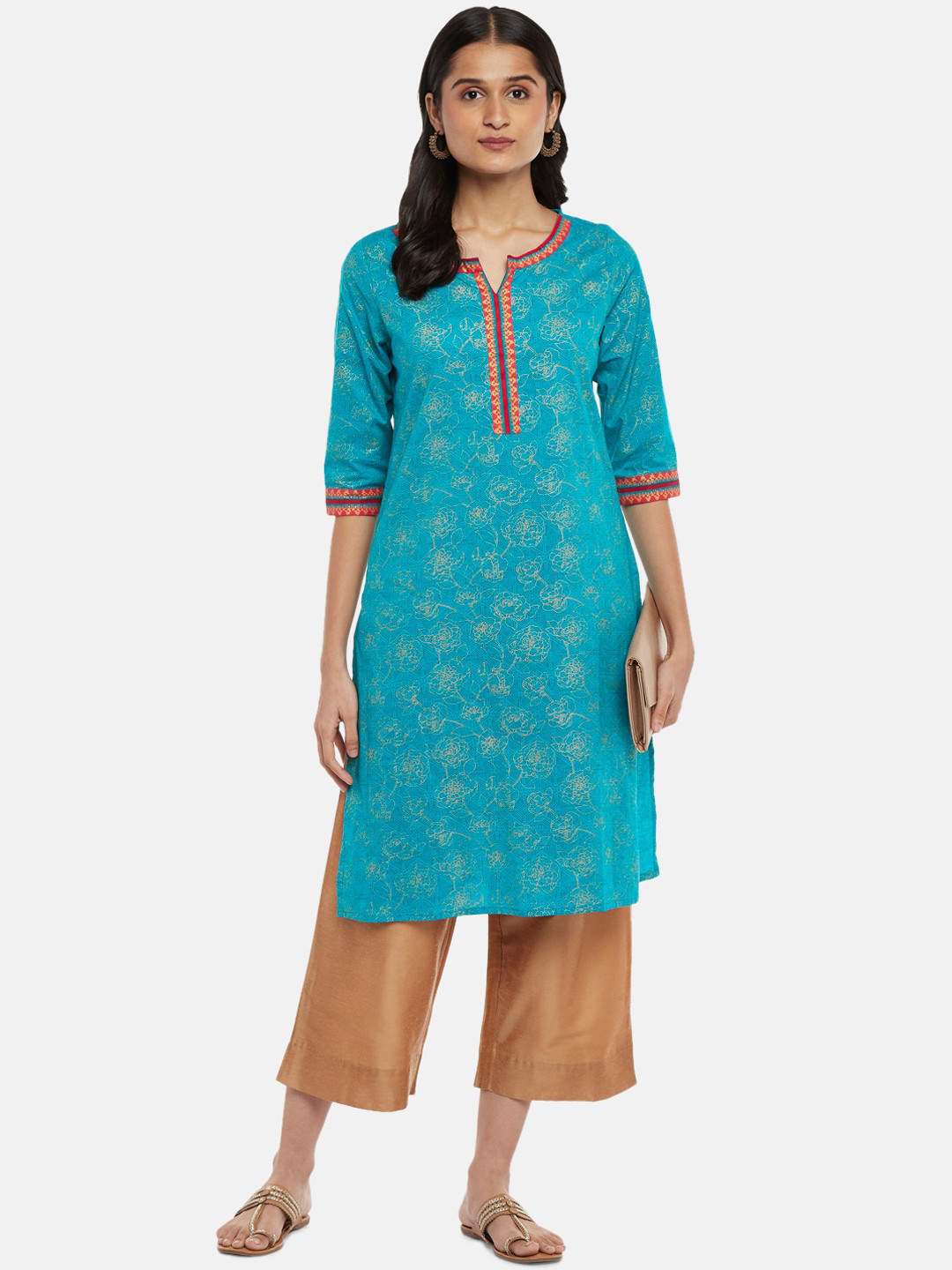 

RANGMANCH BY PANTALOONS Women Teal Ethnic Motifs Printed Kurta