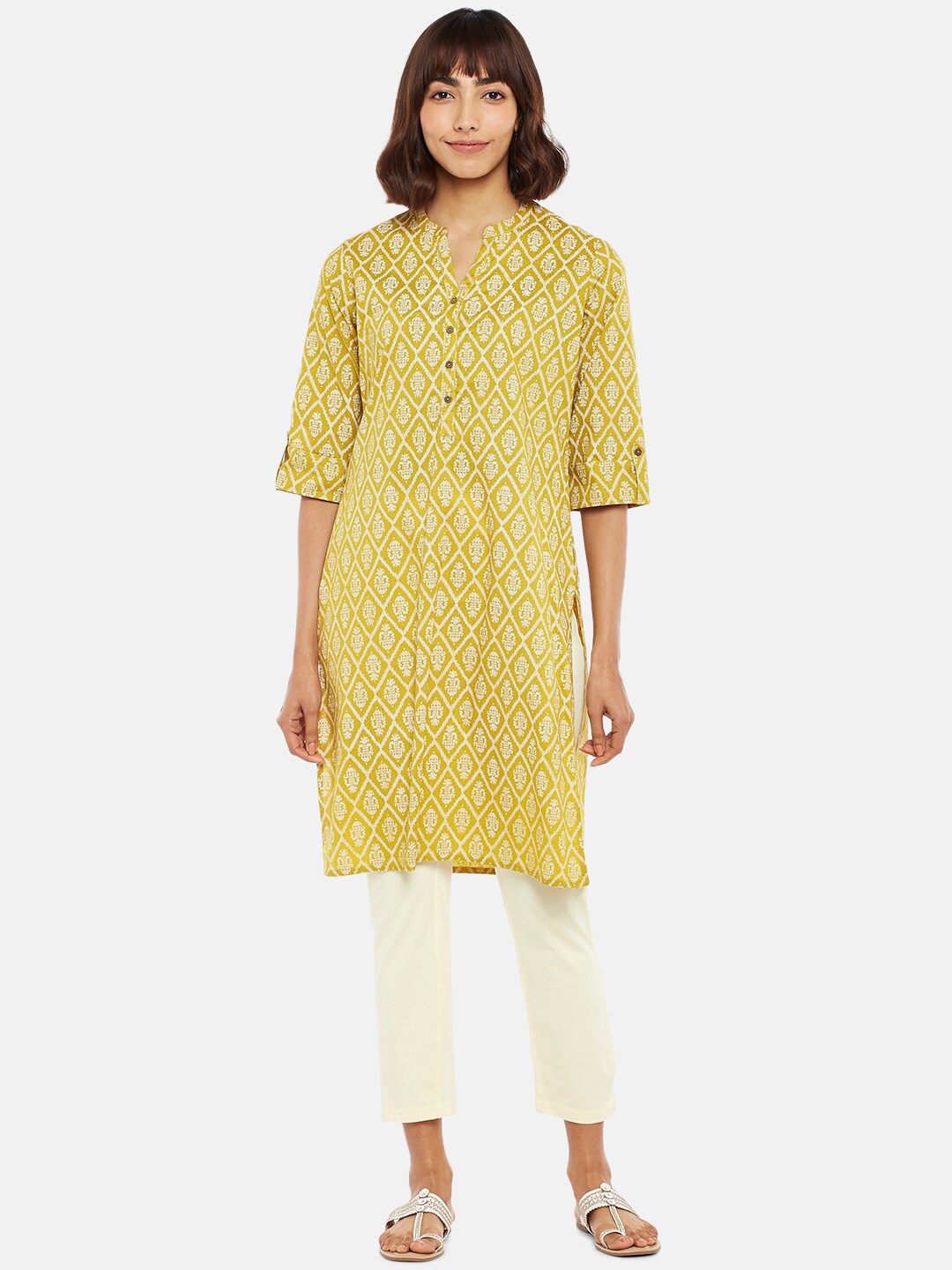 

RANGMANCH BY PANTALOONS Women Mustard Yellow Ethnic Motifs Printed Kurta