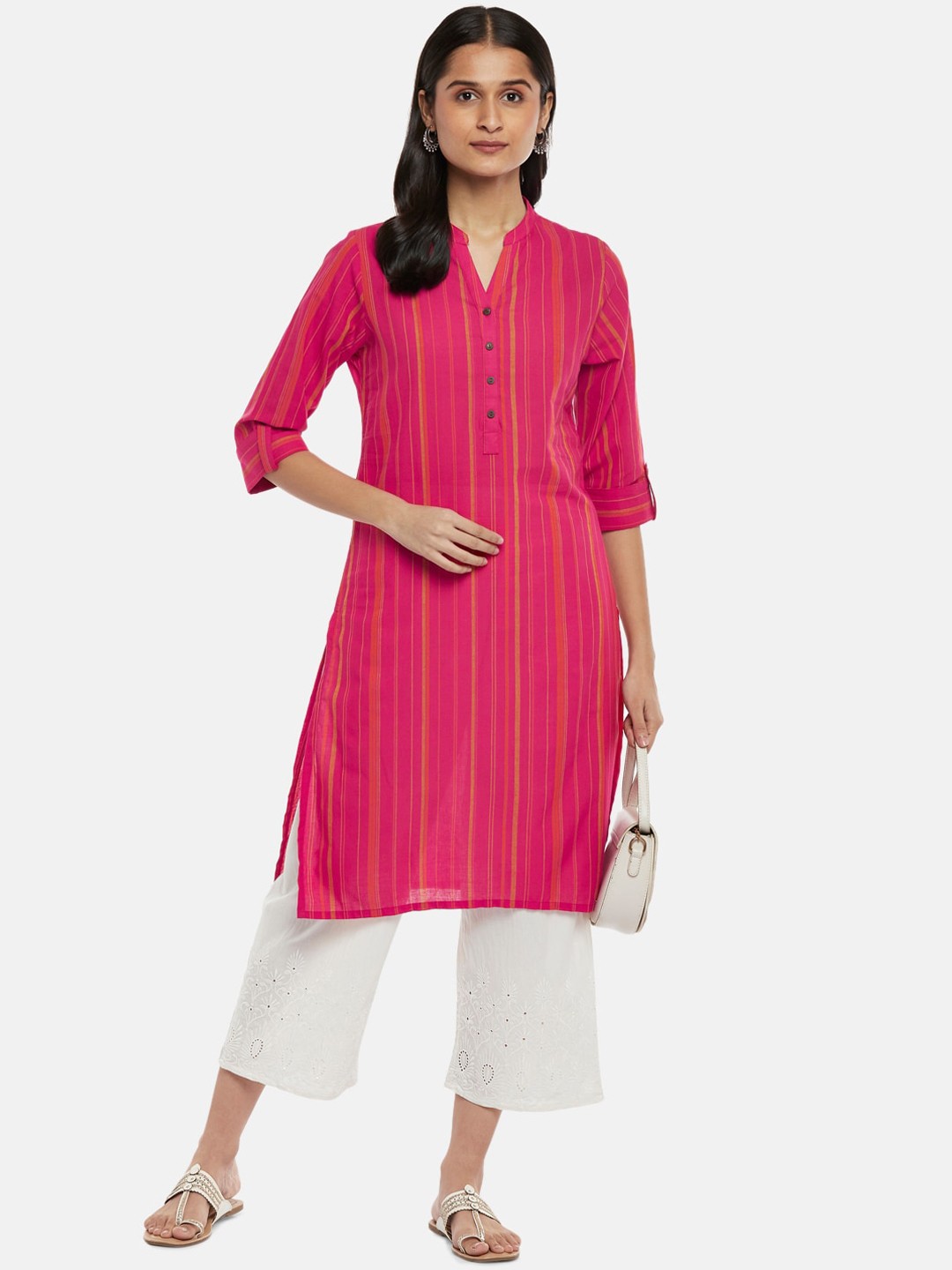 

RANGMANCH BY PANTALOONS Women Fuchsia Striped Thread Work Cotton Kurta