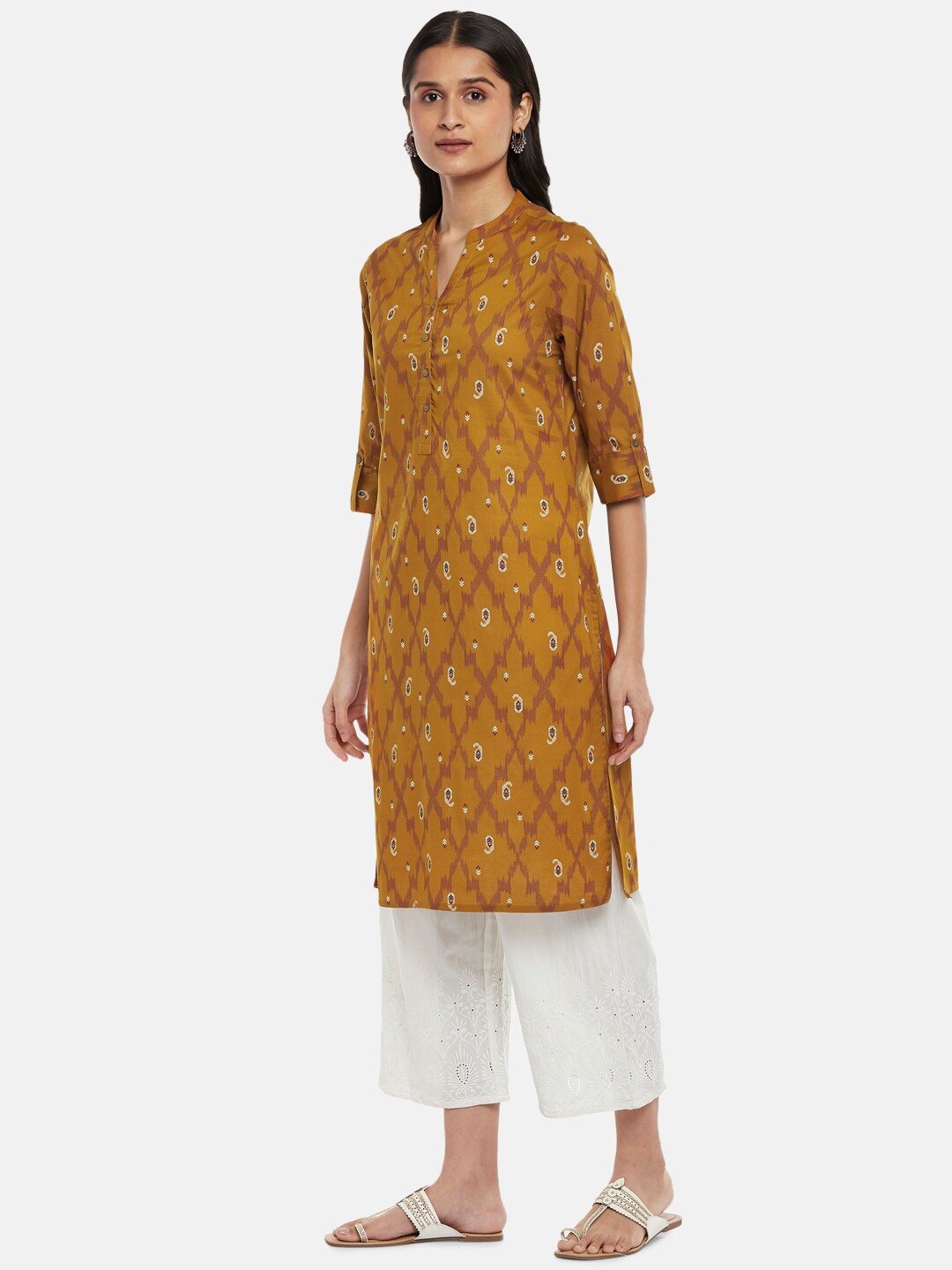 

RANGMANCH BY PANTALOONS Women Mustard Yellow & Rust Ethnic Motifs Printed Kurta