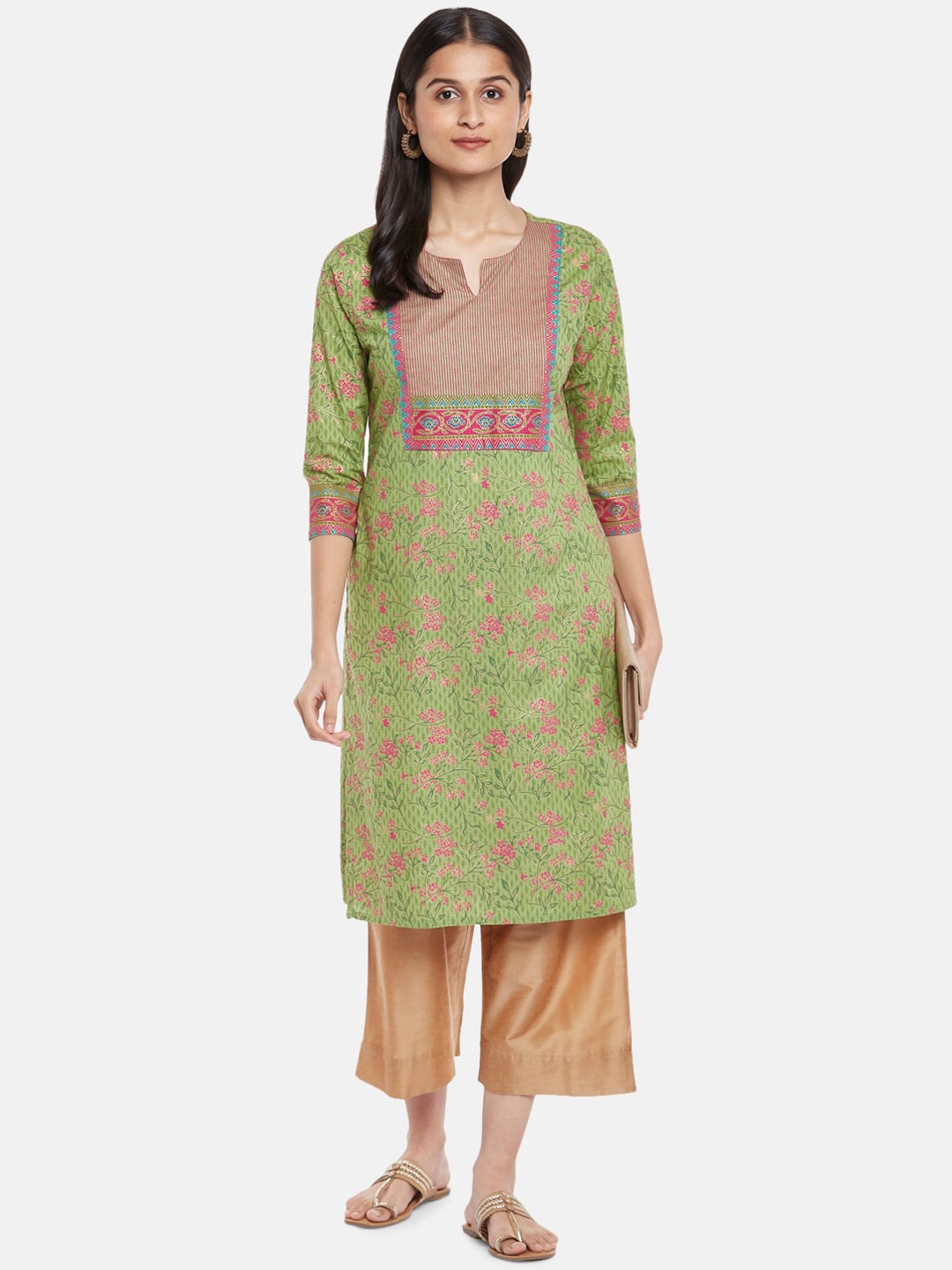 

RANGMANCH BY PANTALOONS Women Green Floral Yoke Design Keyhole Neck Kurta