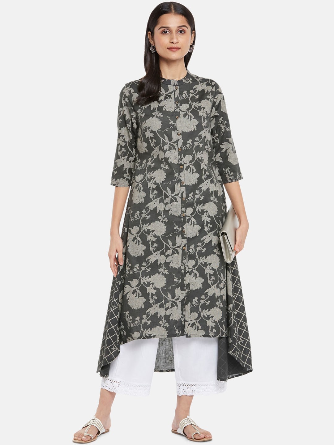 

RANGMANCH BY PANTALOONS Women Grey Floral Printed High Low Kurta