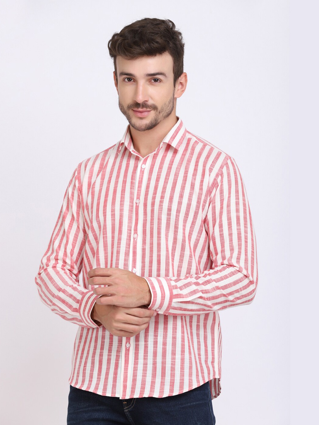 

JJAAGG T Men Coral Classic Striped Cotton Casual Shirt
