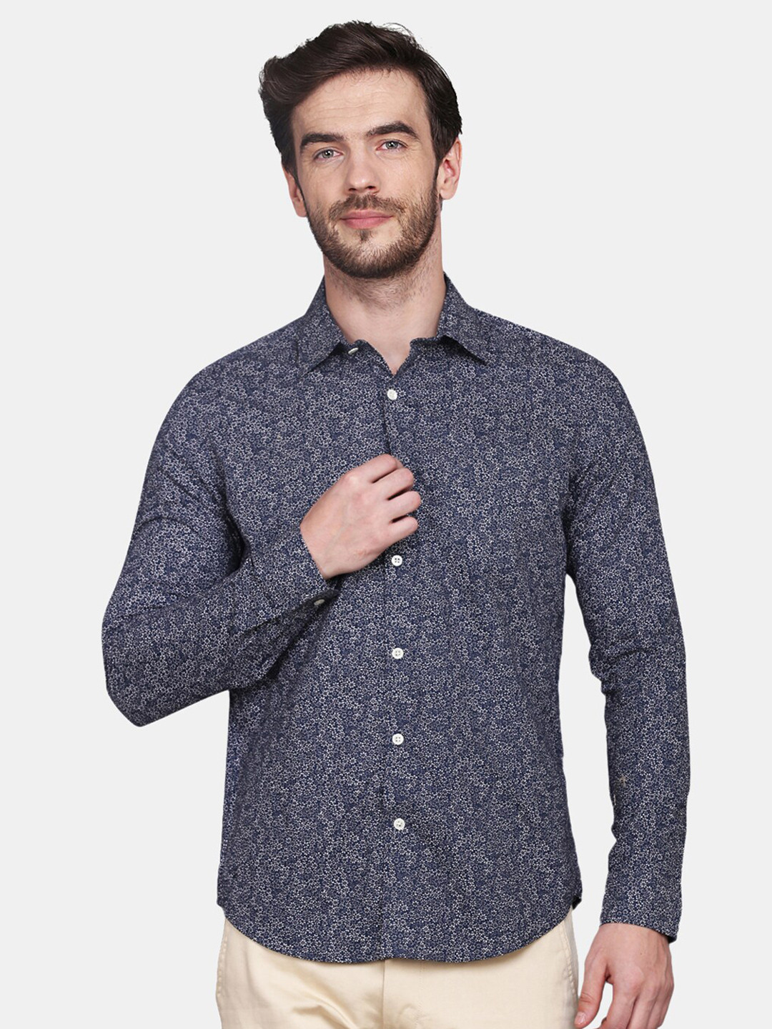 

JJAAGG T Men Navy Blue Classic Floral Printed Cotton Casual Shirt