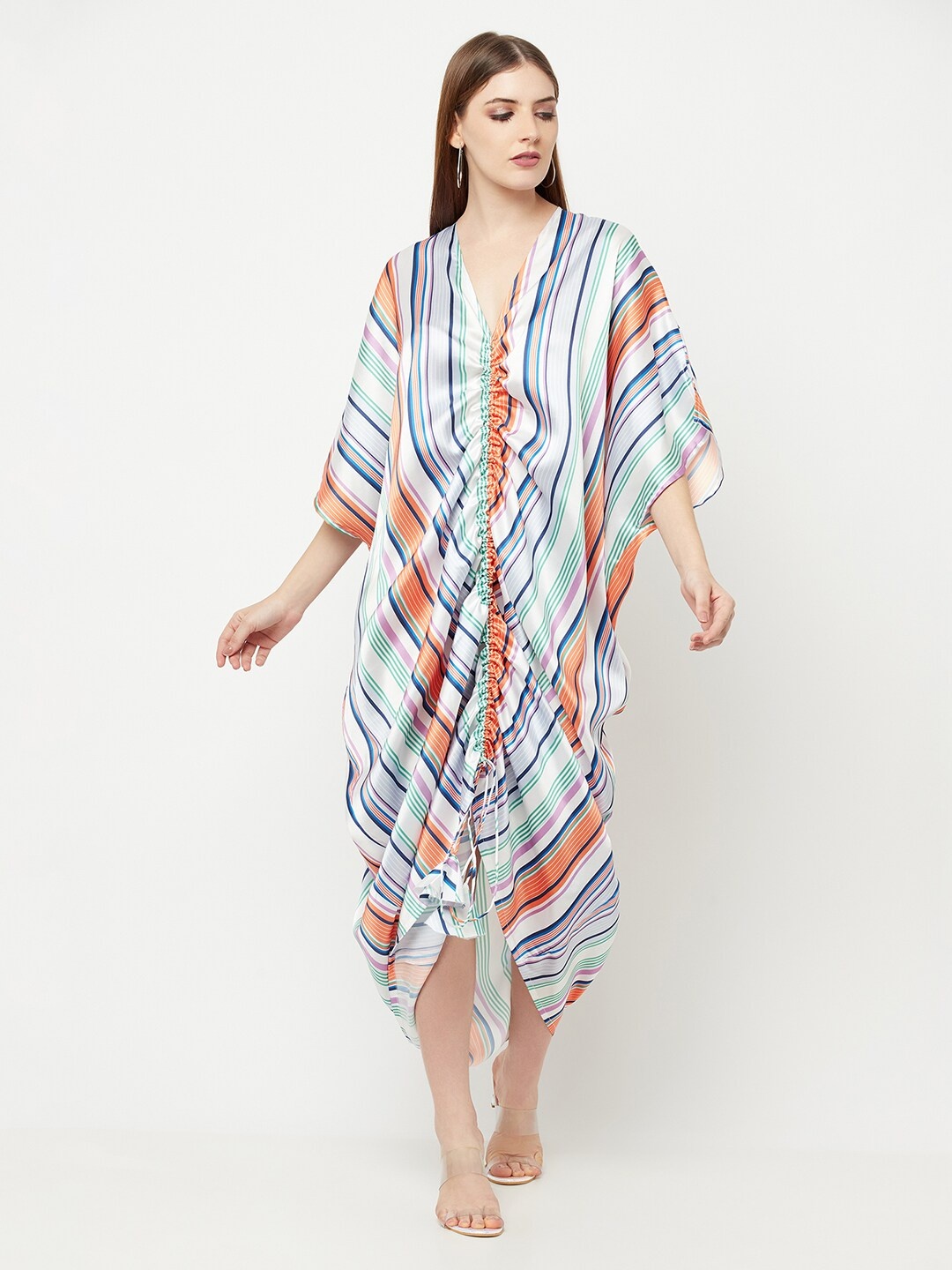 

THE SILHOUETTE STORE Women White Striped Satin Kaftan Midi Dress