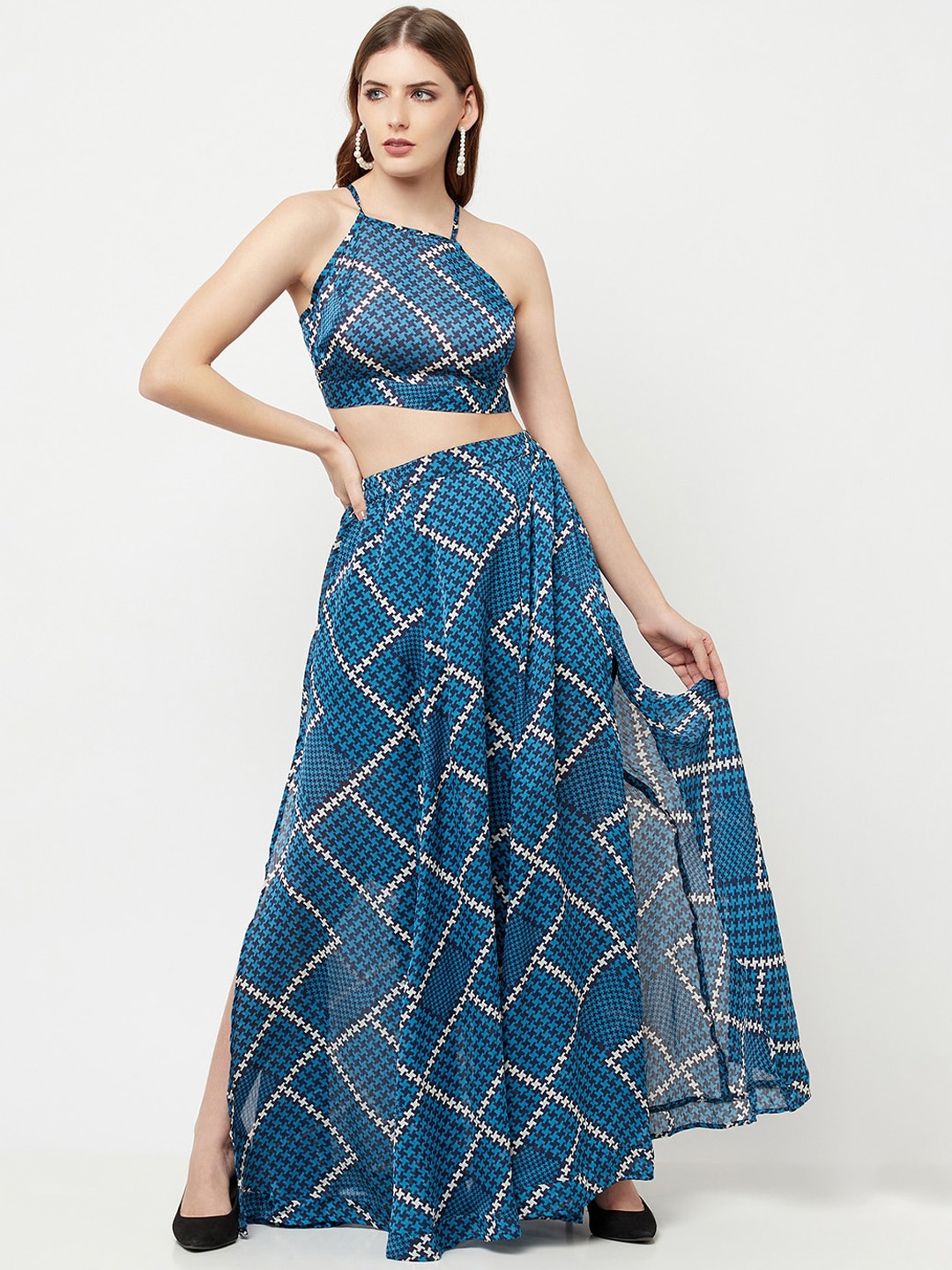 

THE SILHOUETTE STORE Women Blue & Black Printed Top with Skirt