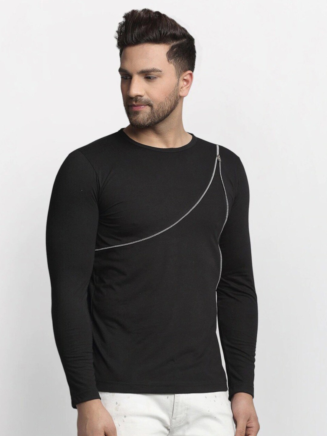 

Rigo Men Black Slim Fit T-shirt With Zip Detail
