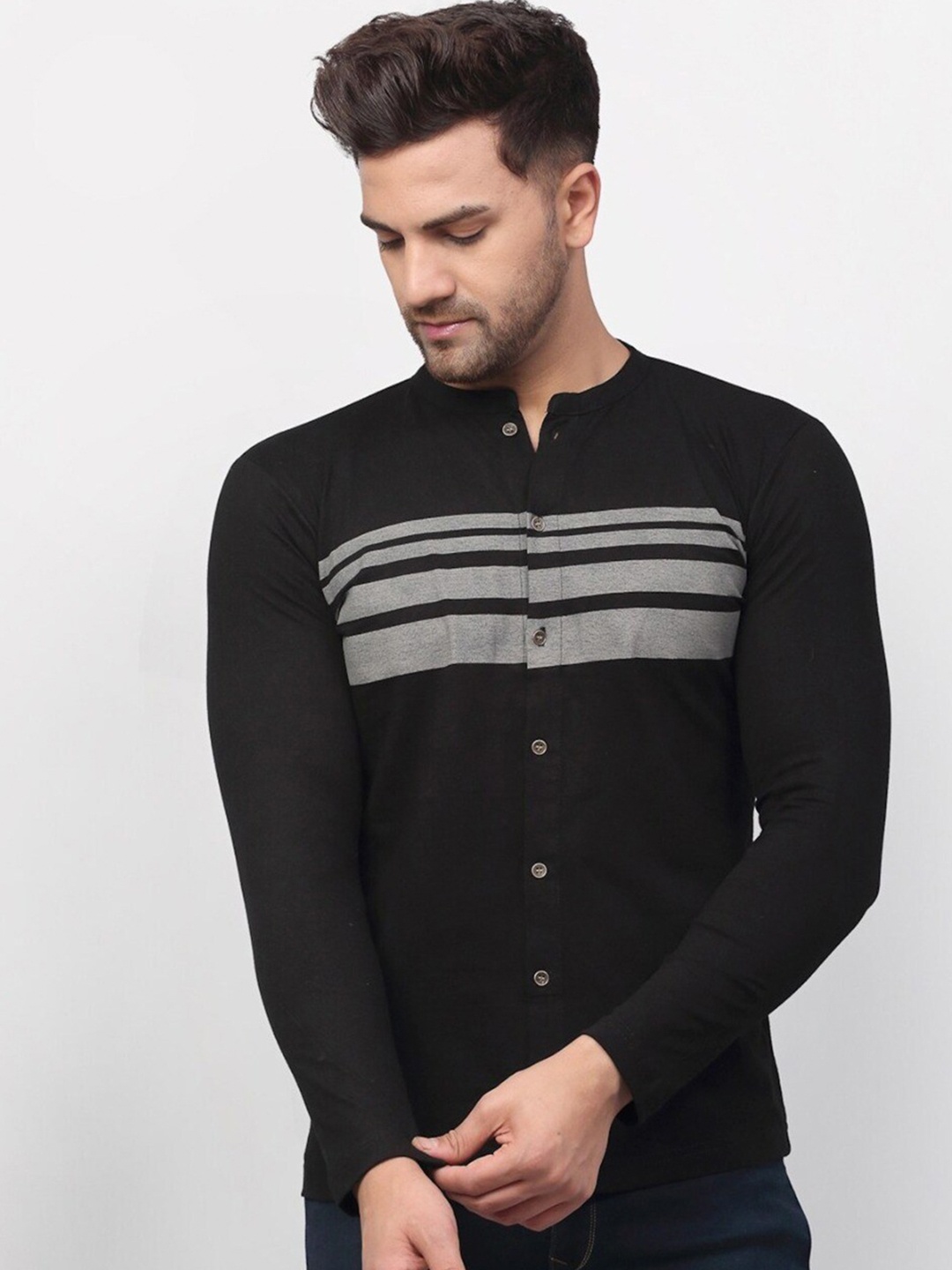 

Rigo Men Black Striped Regular Fit Cotton Casual Shirt
