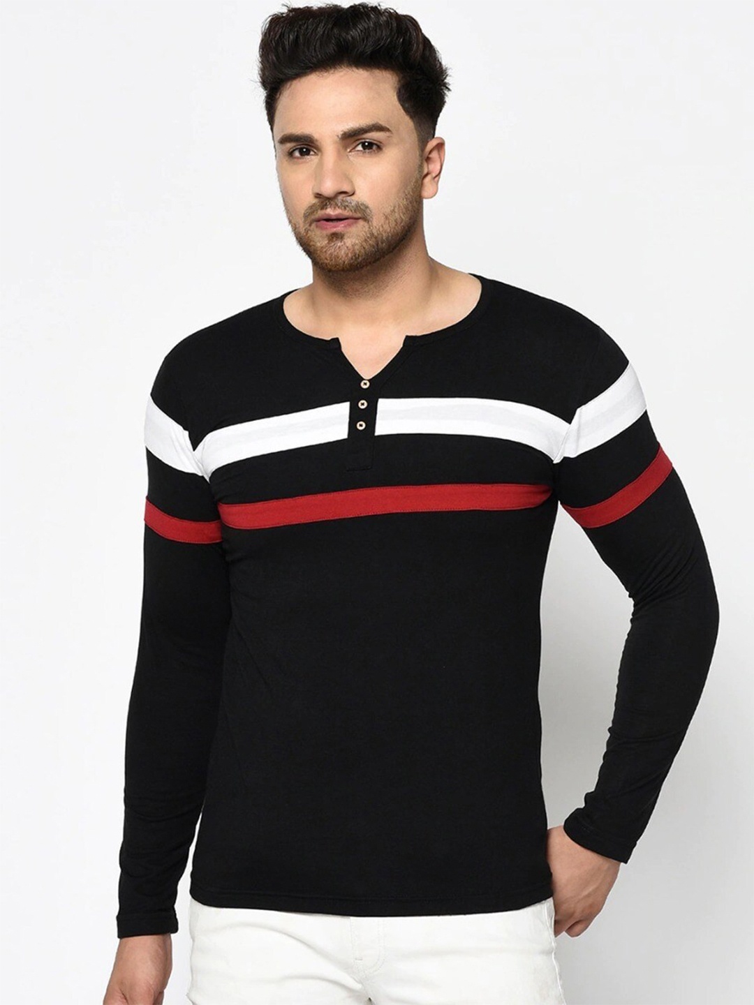 

Rigo Men Black Striped Henley Neck Monochrome Slim Fit T-shirt