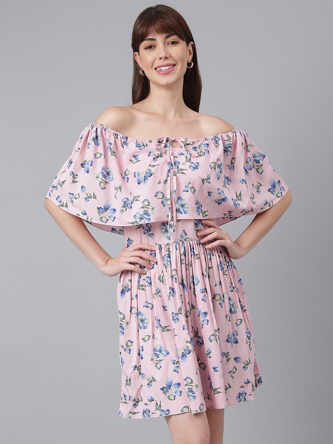 

FLAMBOYANT Women Pink Floral Off-Shoulder Crepe Dress