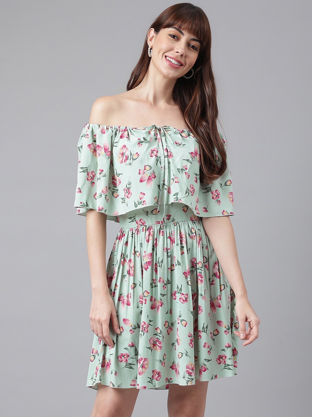 

FLAMBOYANT Green & Pink Floral Off-Shoulder Crepe Dress