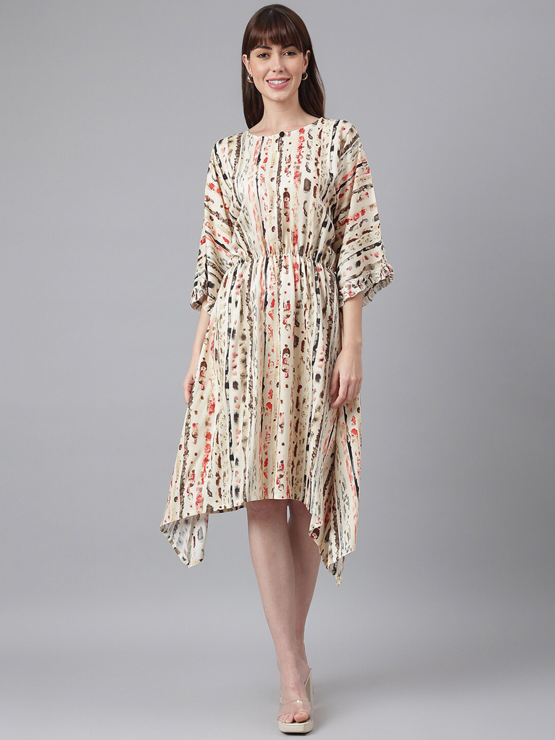 

FLAMBOYANT Women Beige & Red Printed Rayon Kaftan Dress