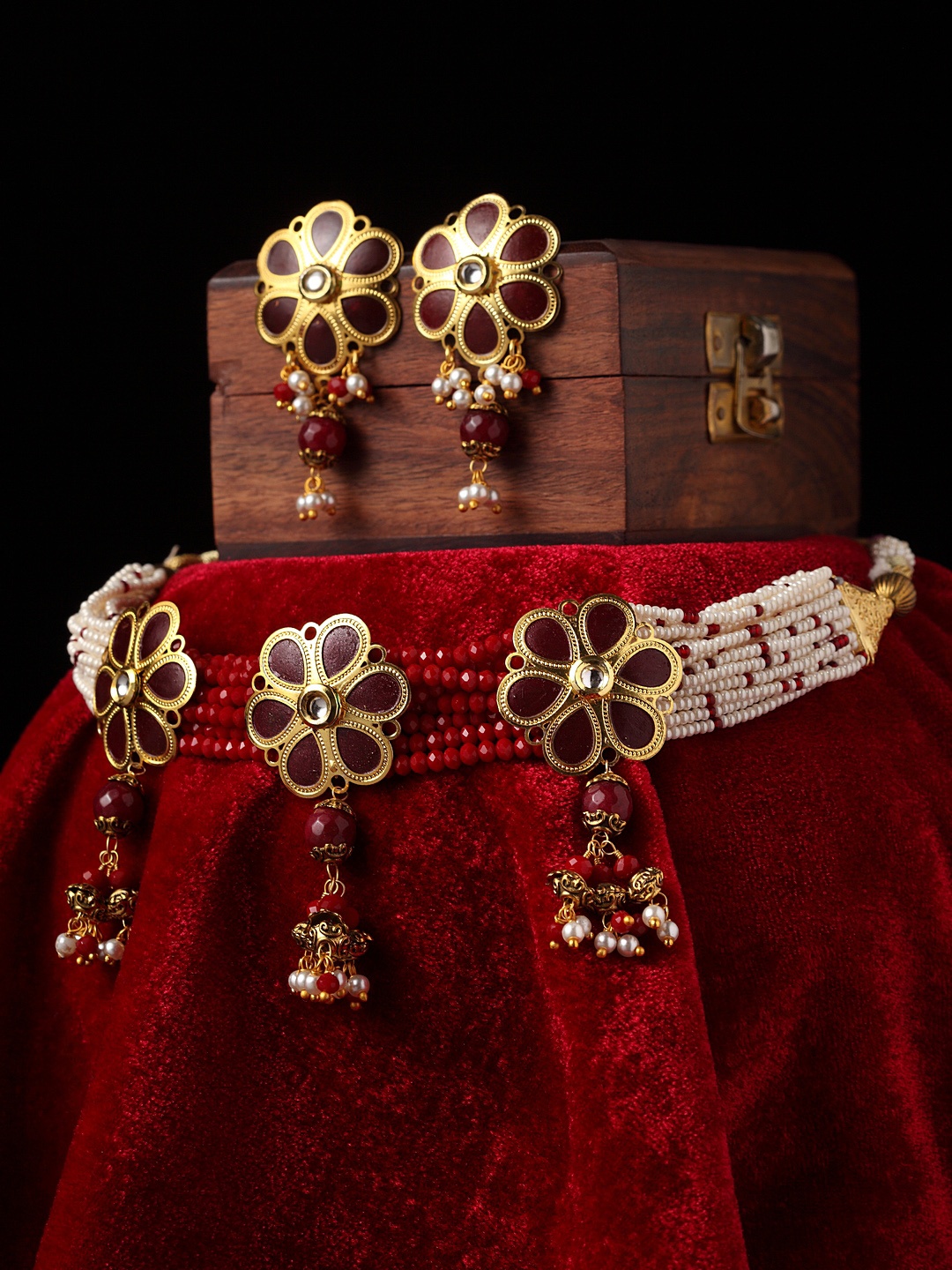 

PANASH Gold-Plated Red Beaded Choker Jewellery Set