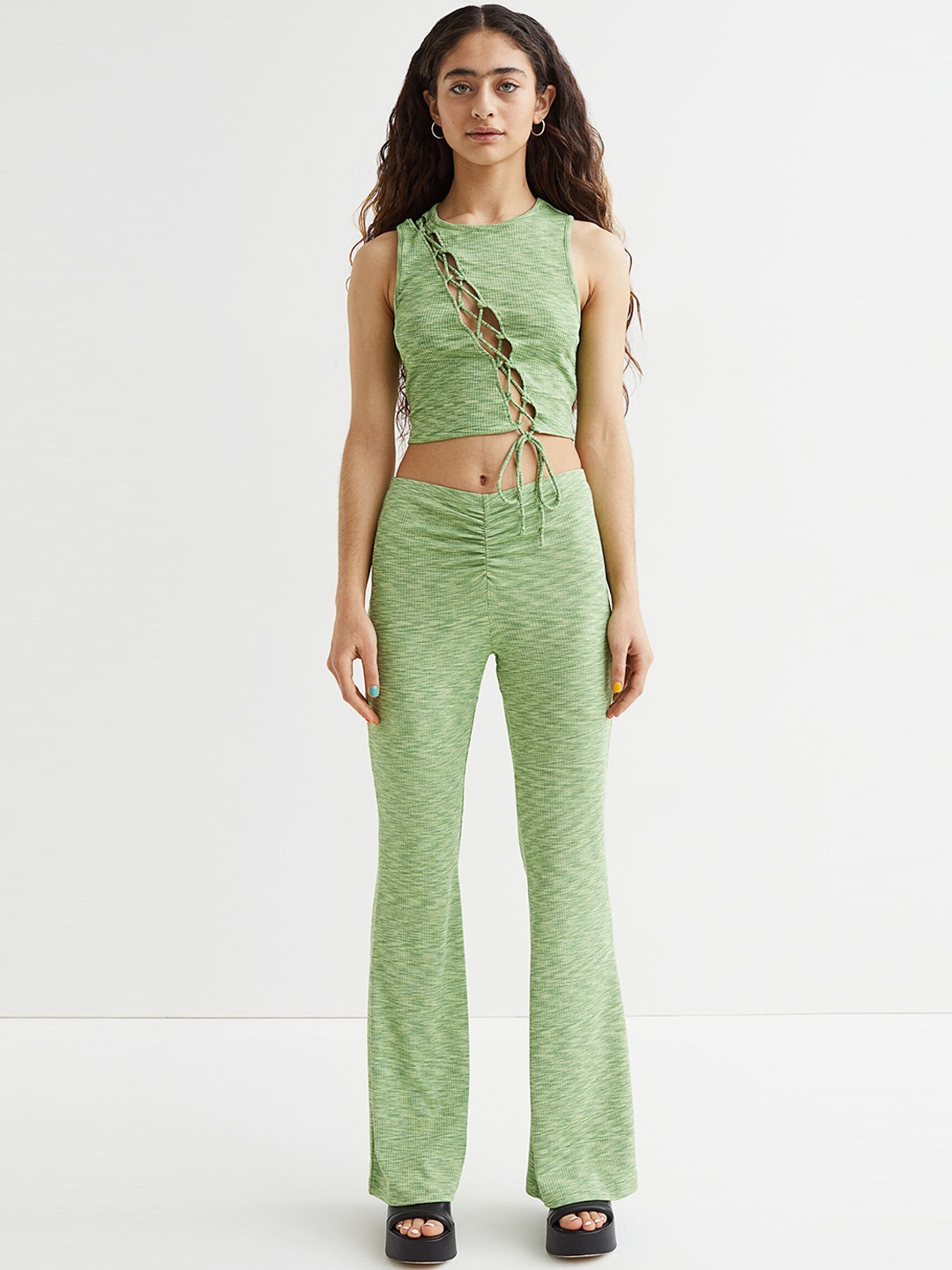 

H&M Women Green Ribbed Gathered-Detail Leggings