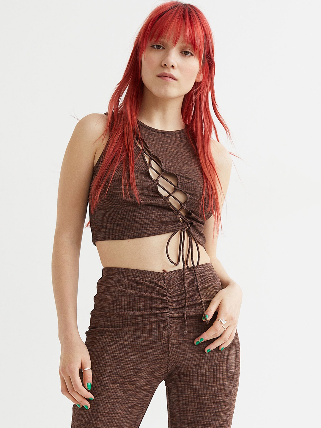 

H&M Ribbed gathered-detail leggings, Brown
