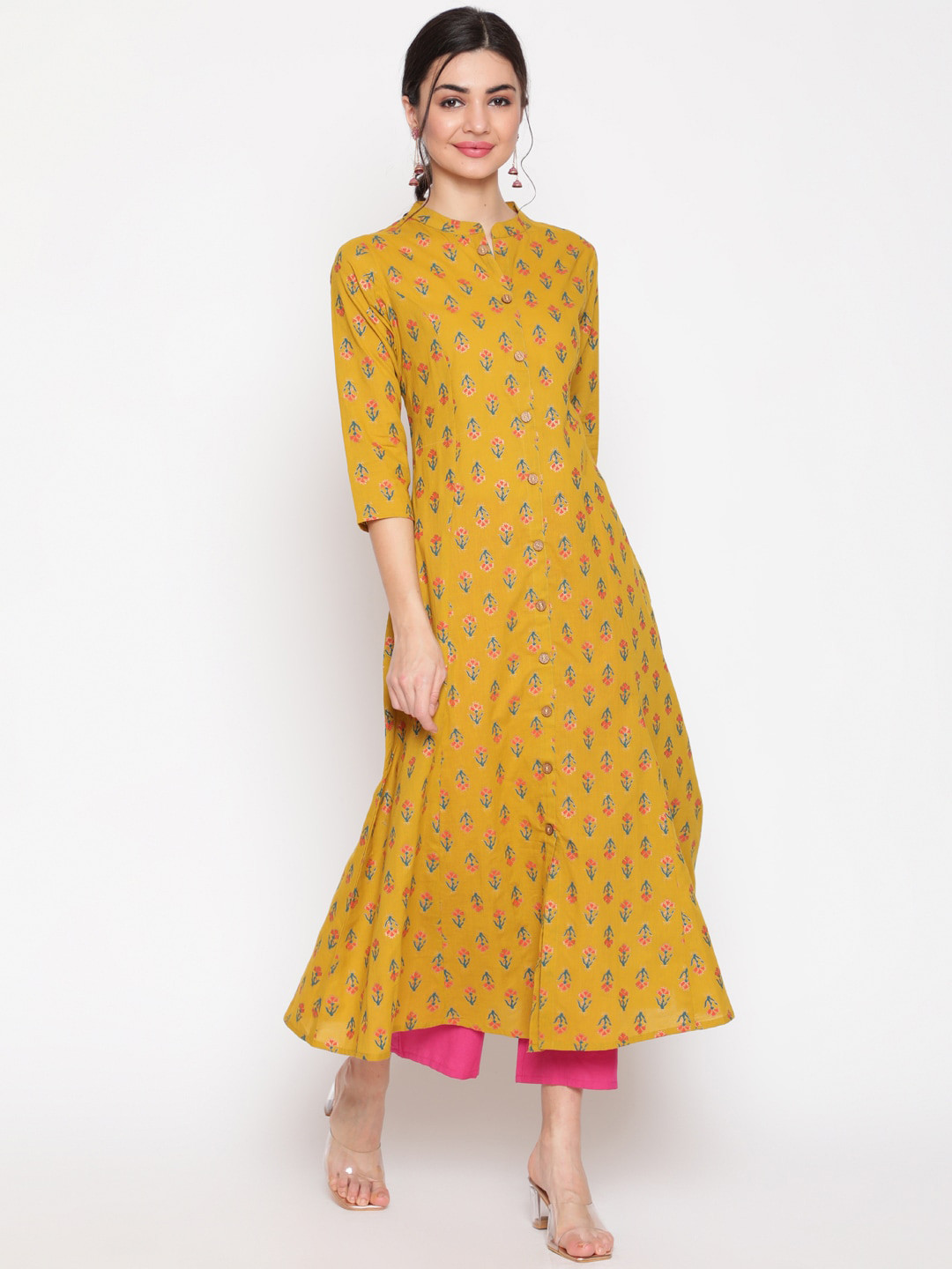 

WOMENCLICK Women Yellow Floral Printed Thread Work Floral Anarkali Cotton Kurta