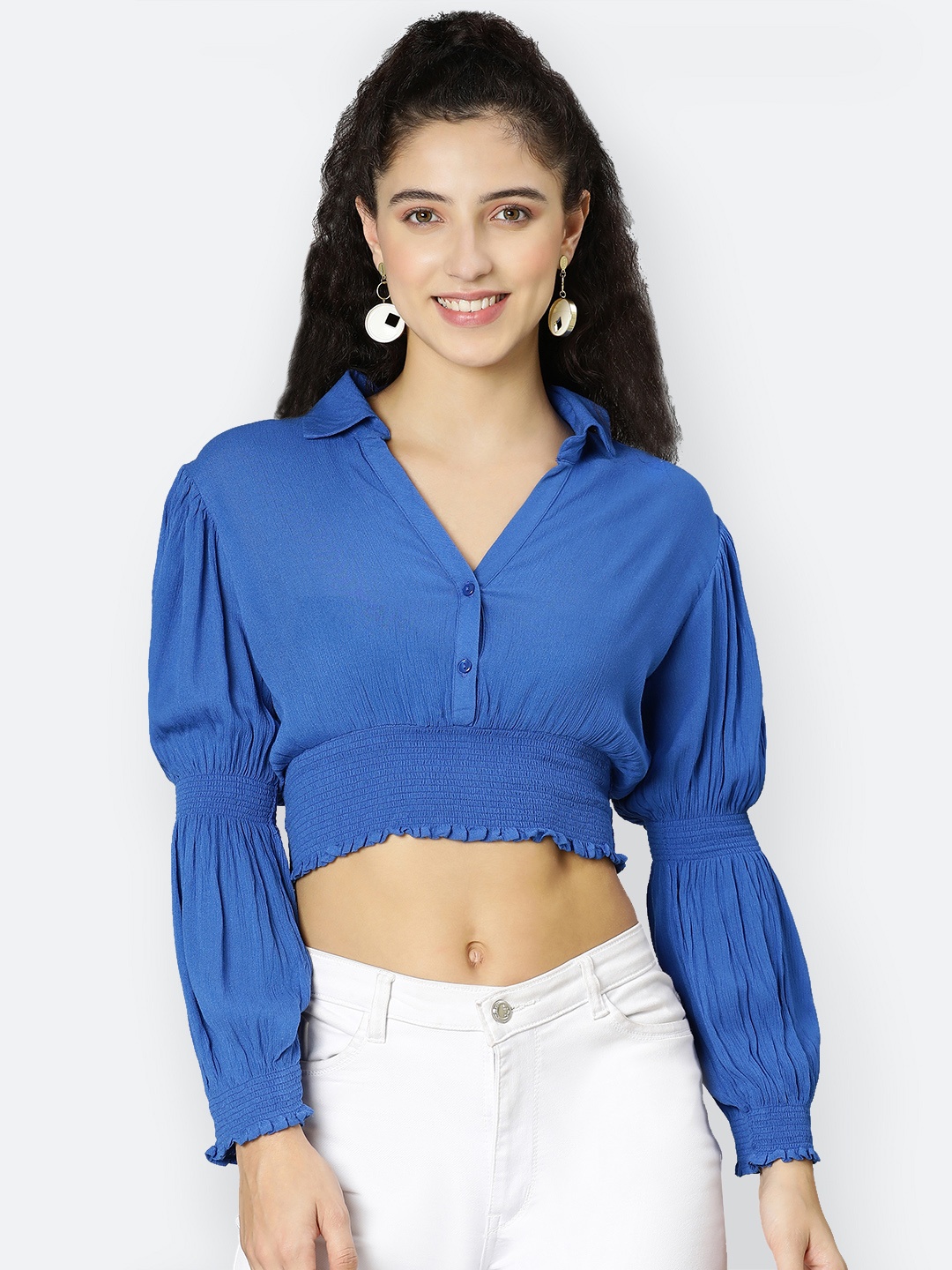 

Oxolloxo Women Blue Crepe Blouson Crop Top