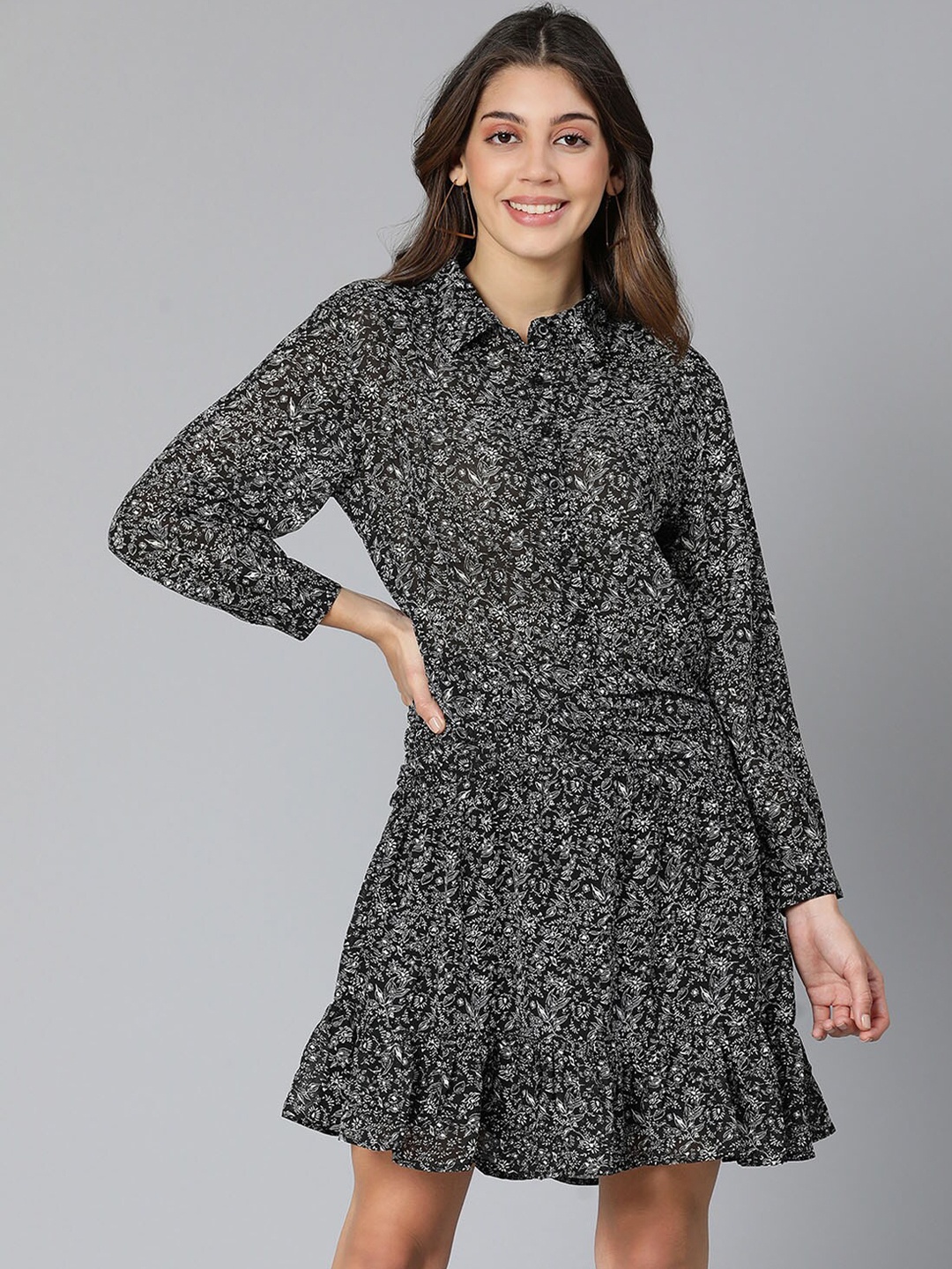 

Oxolloxo Black Floral Print Satin A-Line Dress